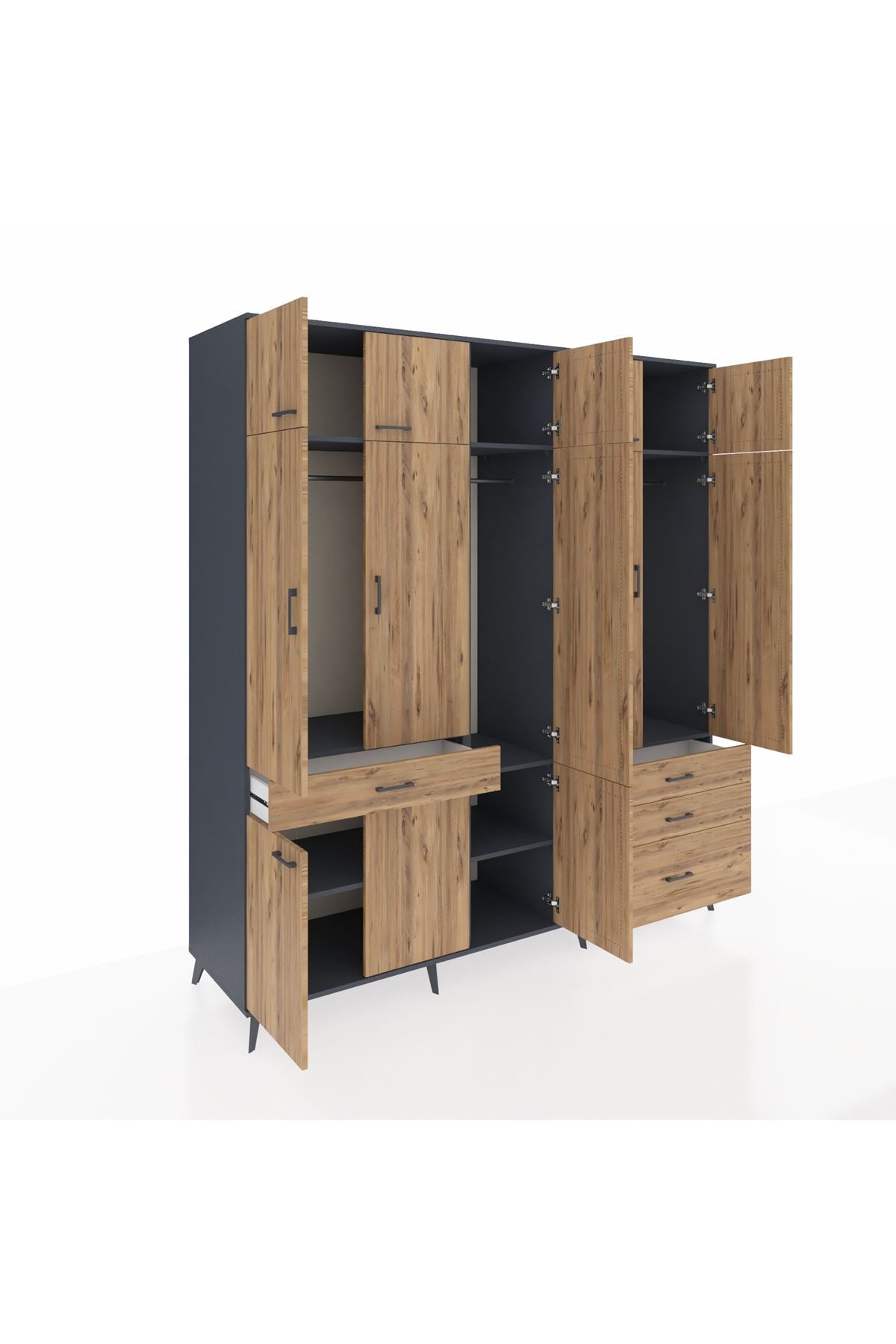 Kronos Dolap 8 Raflı 4 Çekmeceli 3 Askılı 220x59x243 Antrasit-Çam/Çam