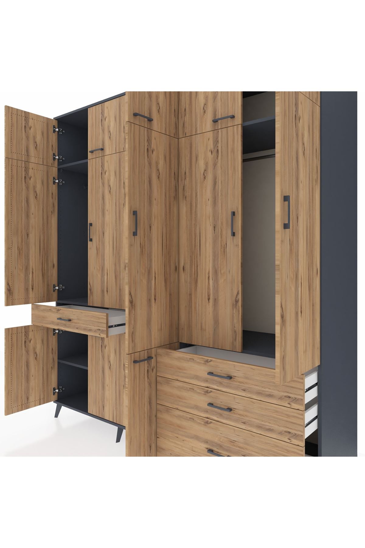 Kronos Dolap 8 Raflı 4 Çekmeceli 3 Askılı 220x59x243 Antrasit-Çam/Çam