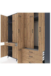 Kronos Dolap 8 Raflı 4 Çekmeceli 3 Askılı 220x59x243 Antrasit-Çam/Çam