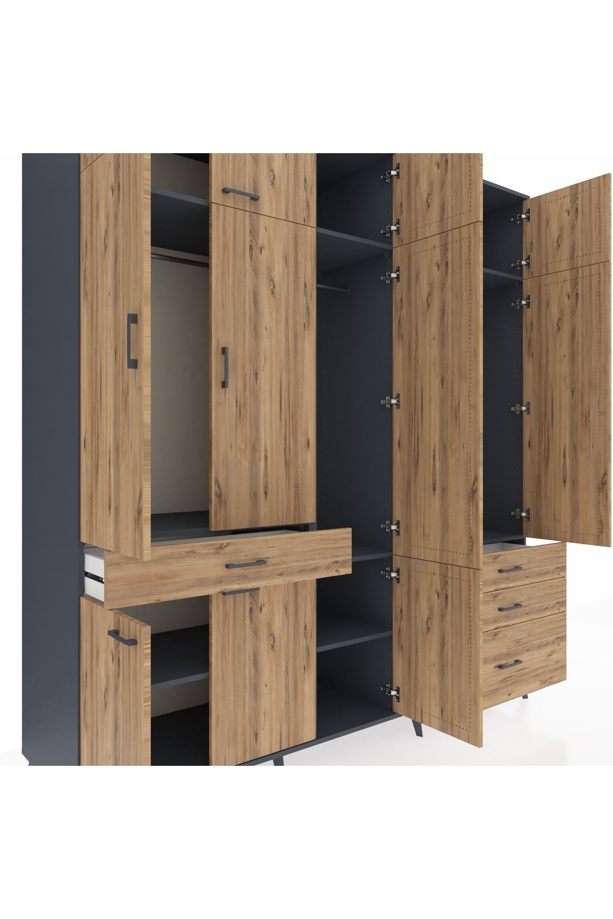 Kronos Dolap 8 Raflı 4 Çekmeceli 3 Askılı 220x59x243 Antrasit-Çam/Çam