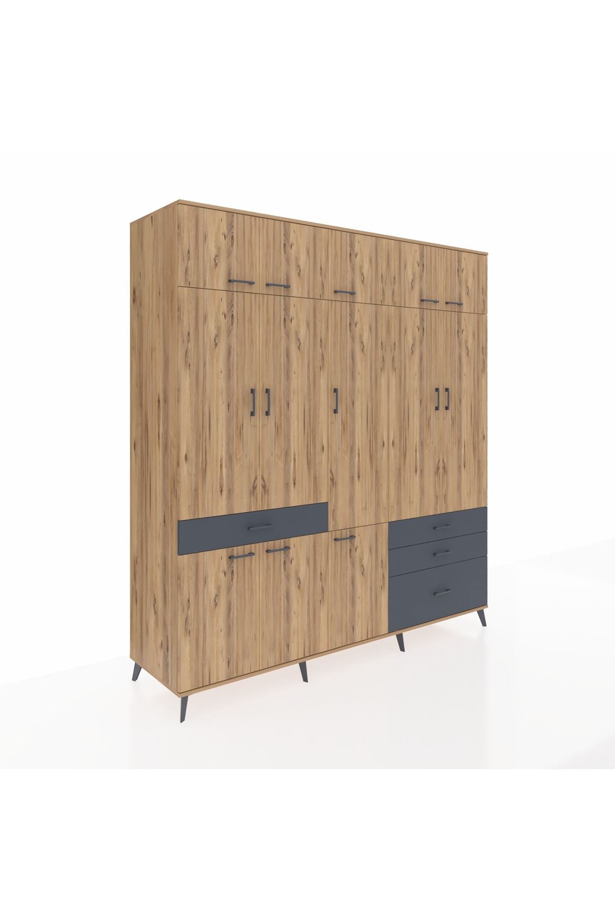 Kronos Dolap 8 Raflı 4 Çekmeceli 3 Askılı 220x59x243 Çam-Çam/Antrasit