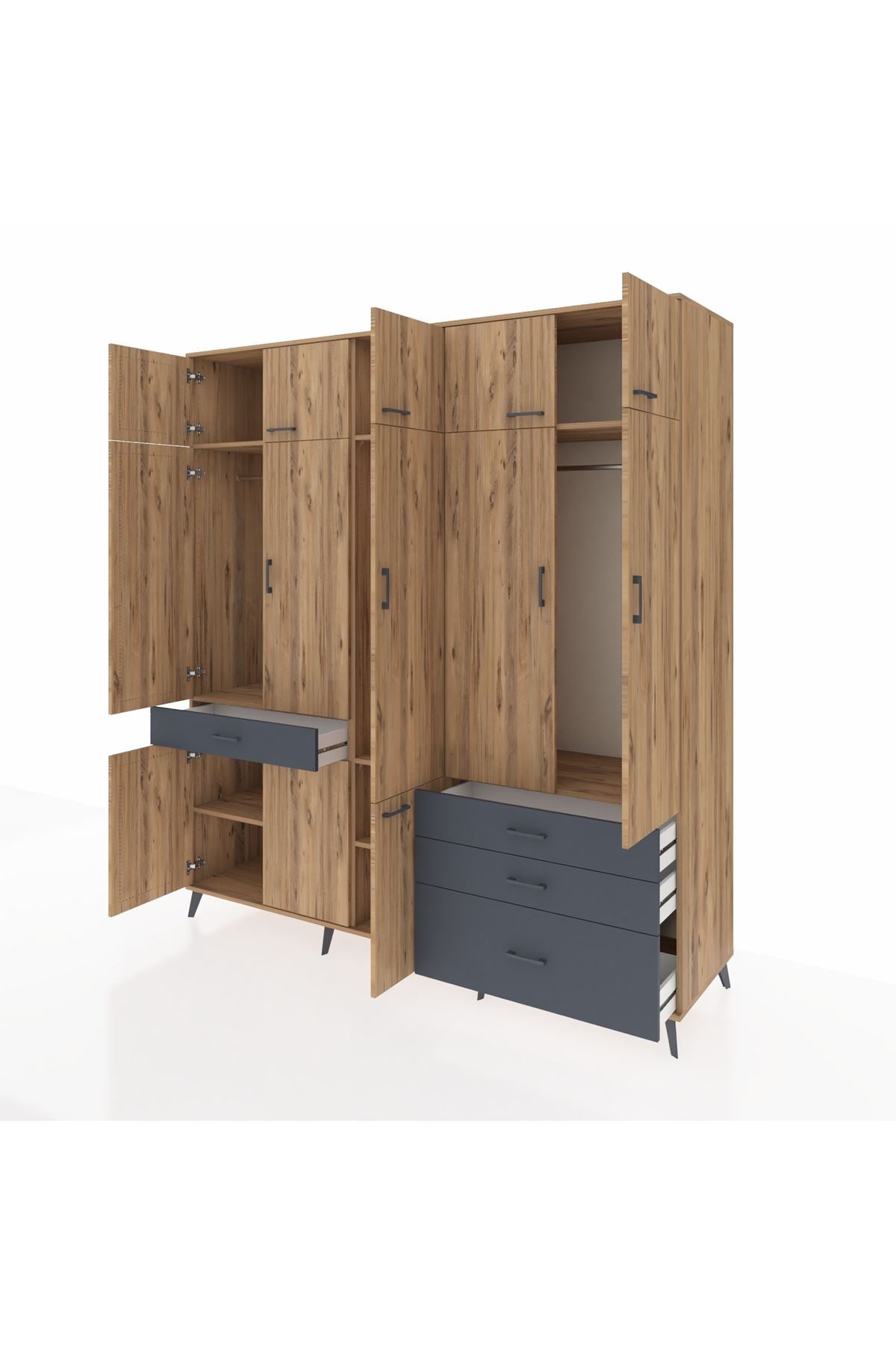 Kronos Dolap 8 Raflı 4 Çekmeceli 3 Askılı 220x59x243 Çam-Çam/Antrasit