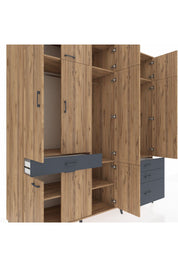 Kronos Dolap 8 Raflı 4 Çekmeceli 3 Askılı 220x59x243 Çam-Çam/Antrasit