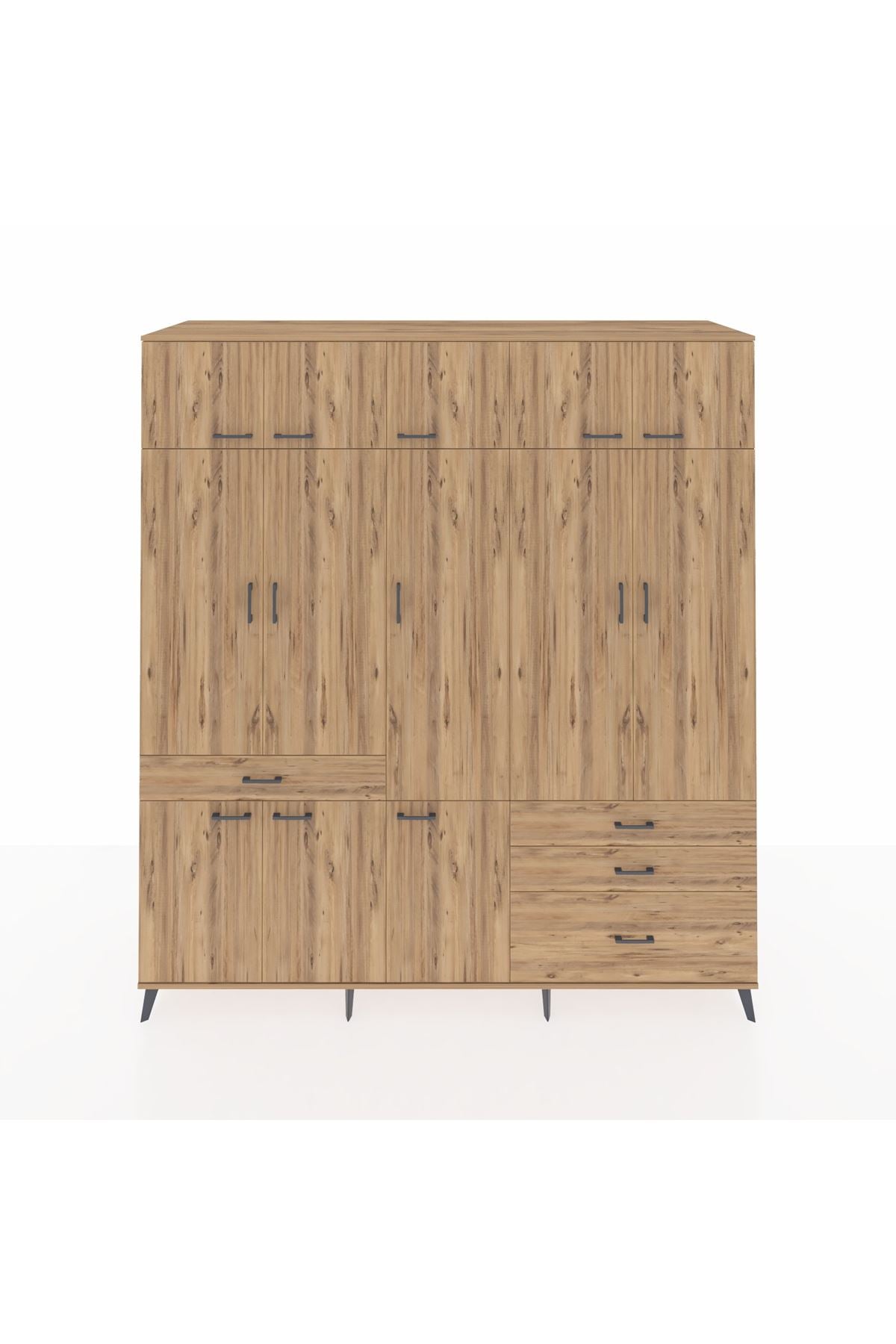 Kronos Dolap 8 Raflı 4 Çekmeceli 3 Askılı 220x59x243 Çam-Çam/Çam