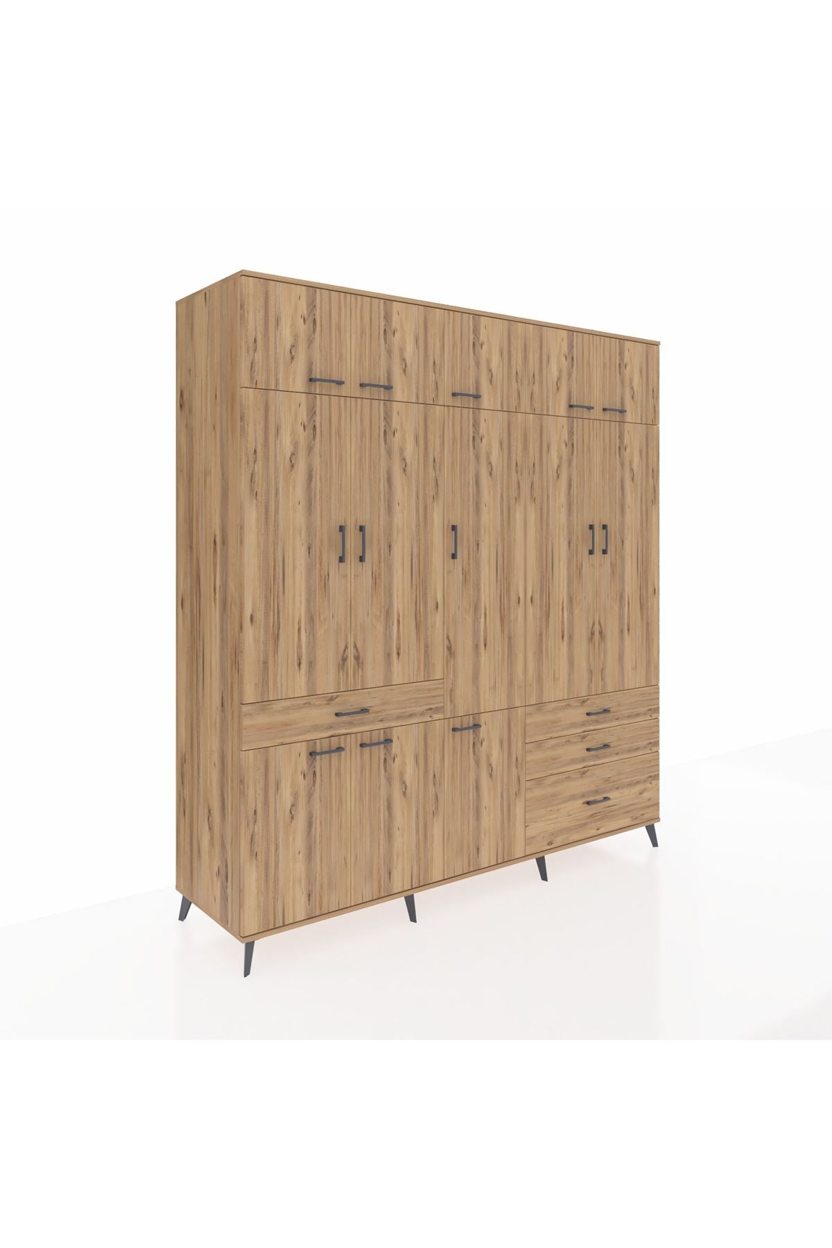 Kronos Dolap 8 Raflı 4 Çekmeceli 3 Askılı 220x59x243 Çam-Çam/Çam