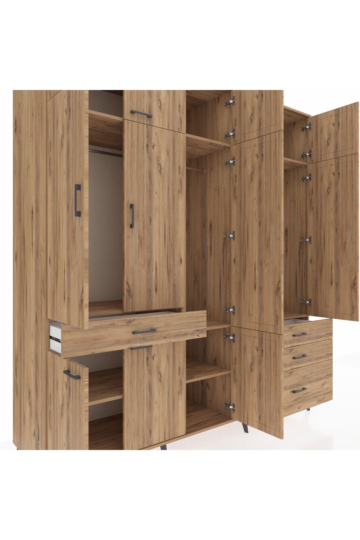 Kronos Dolap 8 Raflı 4 Çekmeceli 3 Askılı 220x59x243 Çam-Çam/Çam