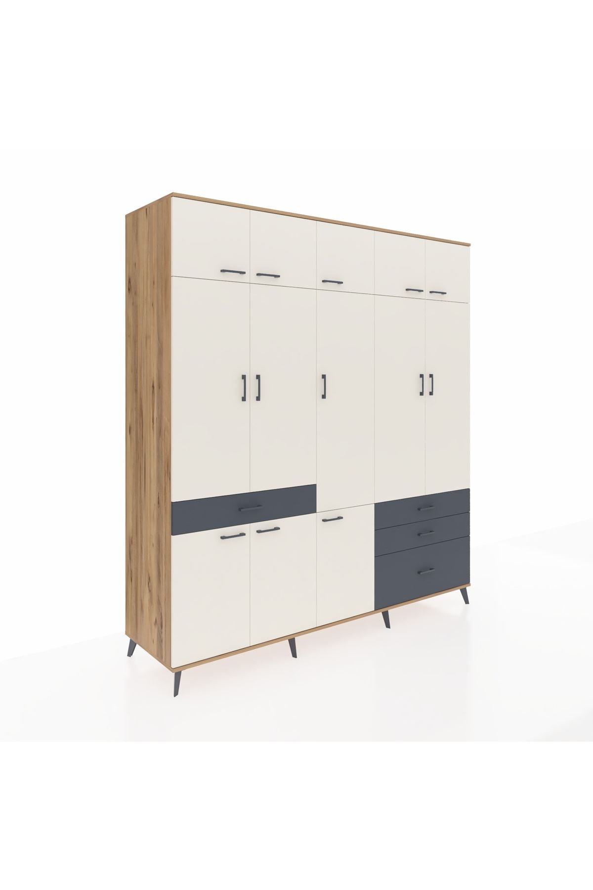 Kronos Dolap 8 Raflı 4 Çekmeceli 3 Askılı 220x59x243 Çam-Aytaşı/Antrasit