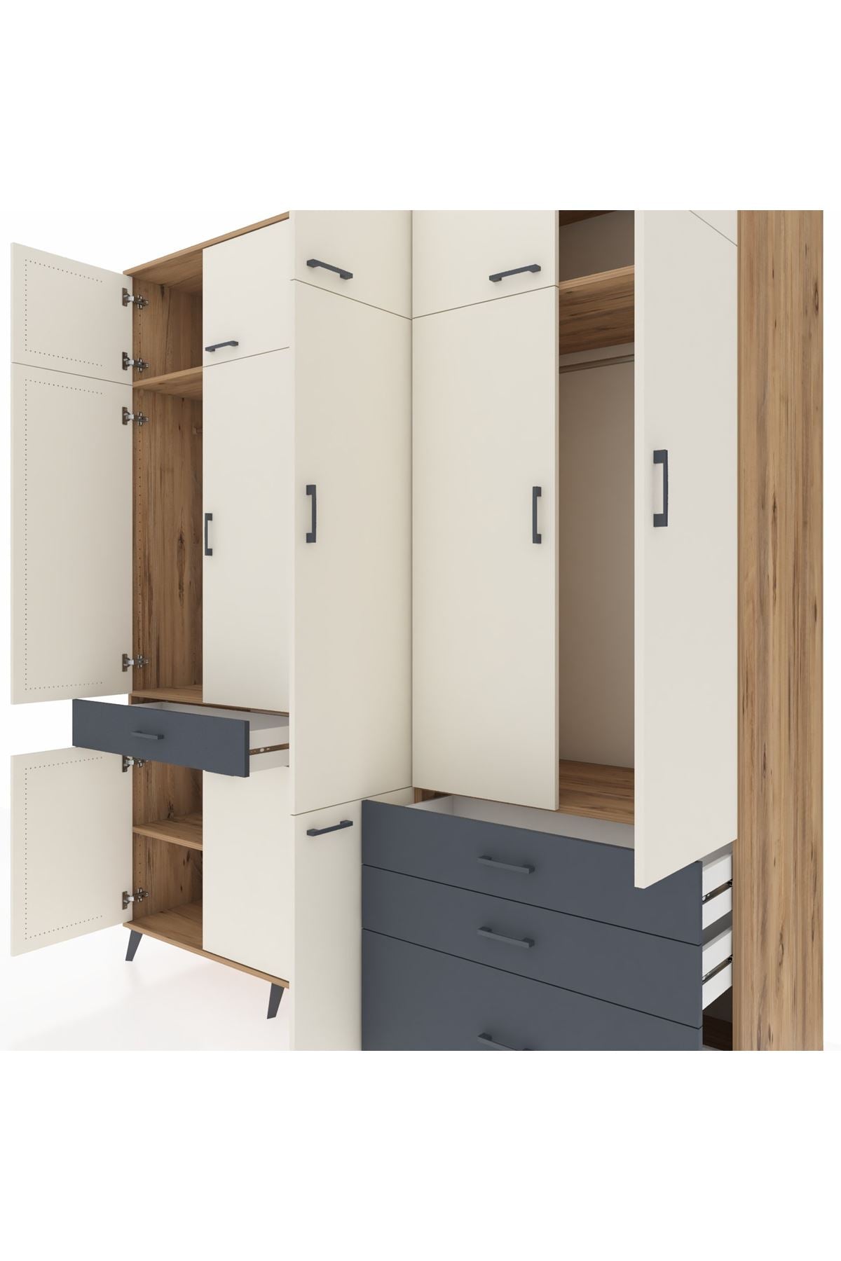 Kronos Dolap 8 Raflı 4 Çekmeceli 3 Askılı 220x59x243 Çam-Aytaşı/Antrasit