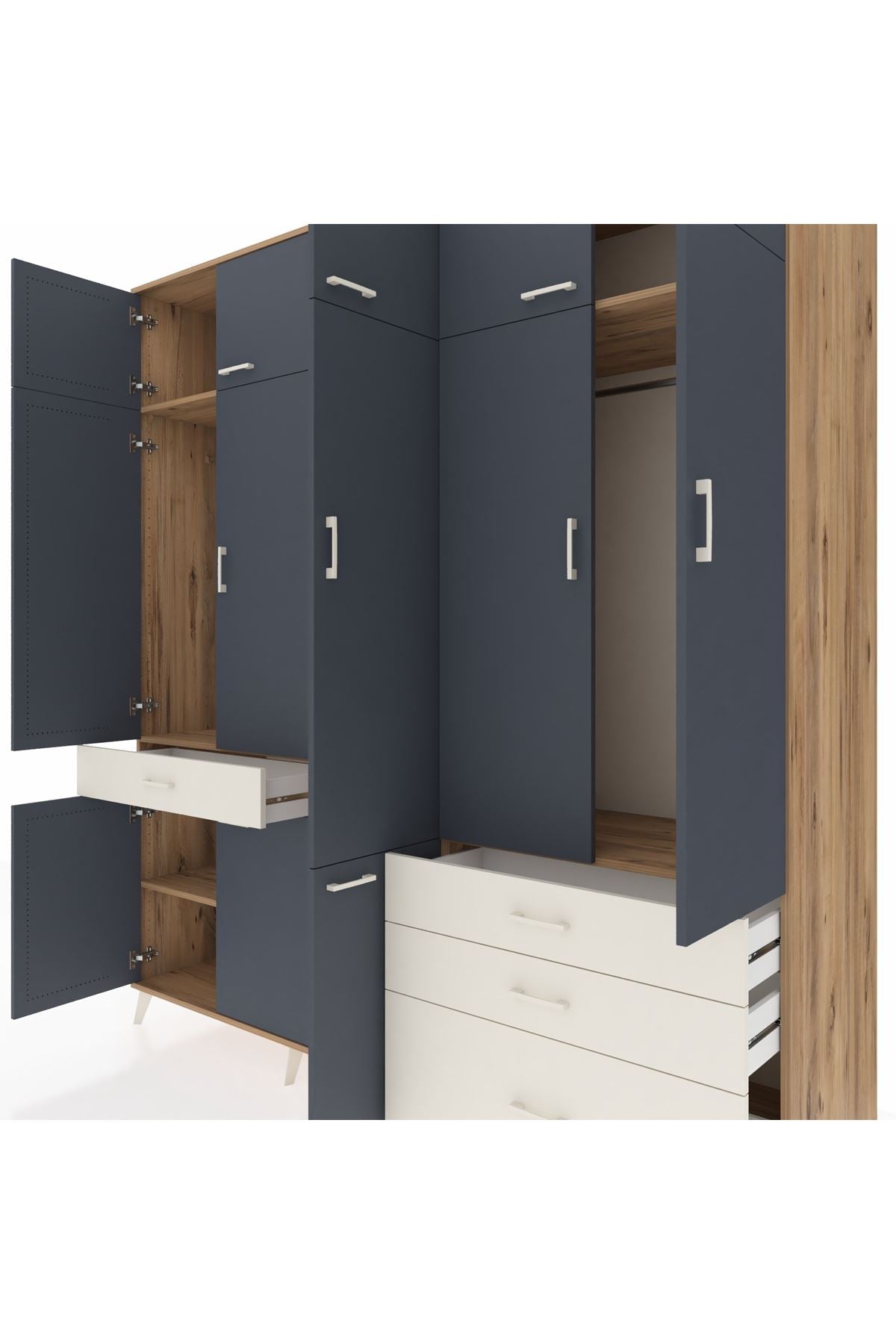 Kronos Dolap 8 Raflı 4 Çekmeceli 3 Askılı 220x59x243 Çam-Antrasit/Aytaşı