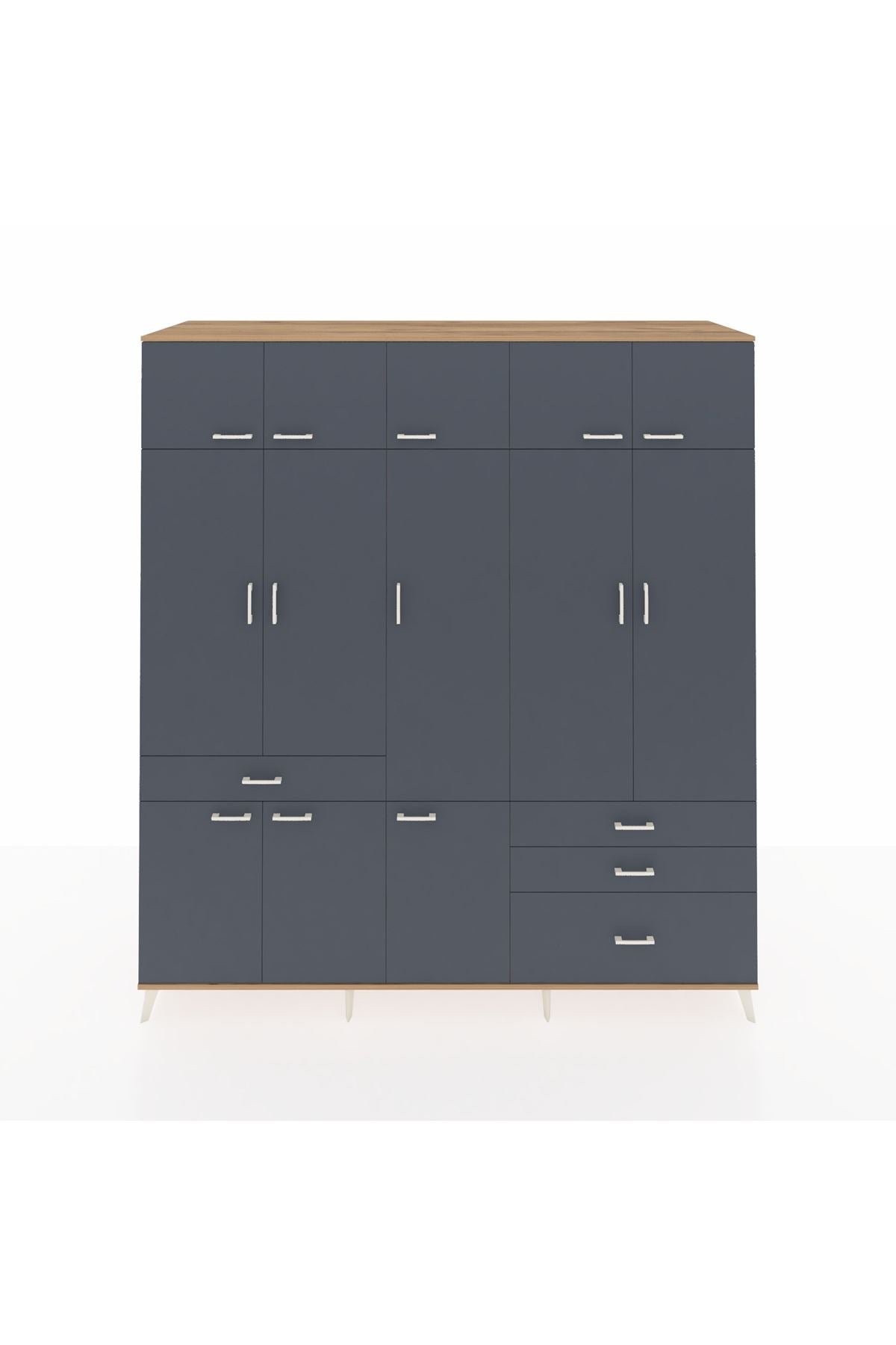 Kronos Dolap 8 Raflı 4 Çekmeceli 3 Askılı 220x59x243 Çam-Antrasit/Antrasit