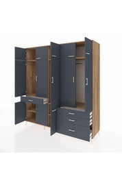 Kronos Dolap 8 Raflı 4 Çekmeceli 3 Askılı 220x59x243 Çam-Antrasit/Antrasit