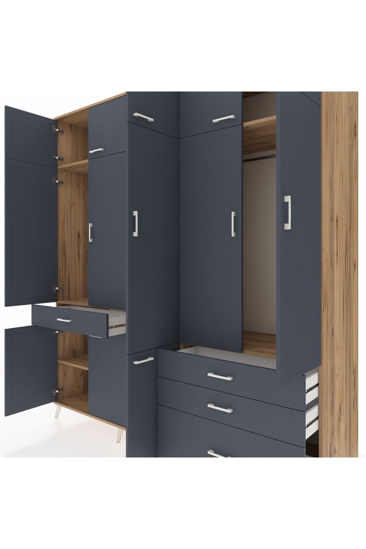 Kronos Dolap 8 Raflı 4 Çekmeceli 3 Askılı 220x59x243 Çam-Antrasit/Antrasit