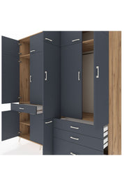 Kronos Dolap 8 Raflı 4 Çekmeceli 3 Askılı 220x59x243 Çam-Antrasit/Antrasit