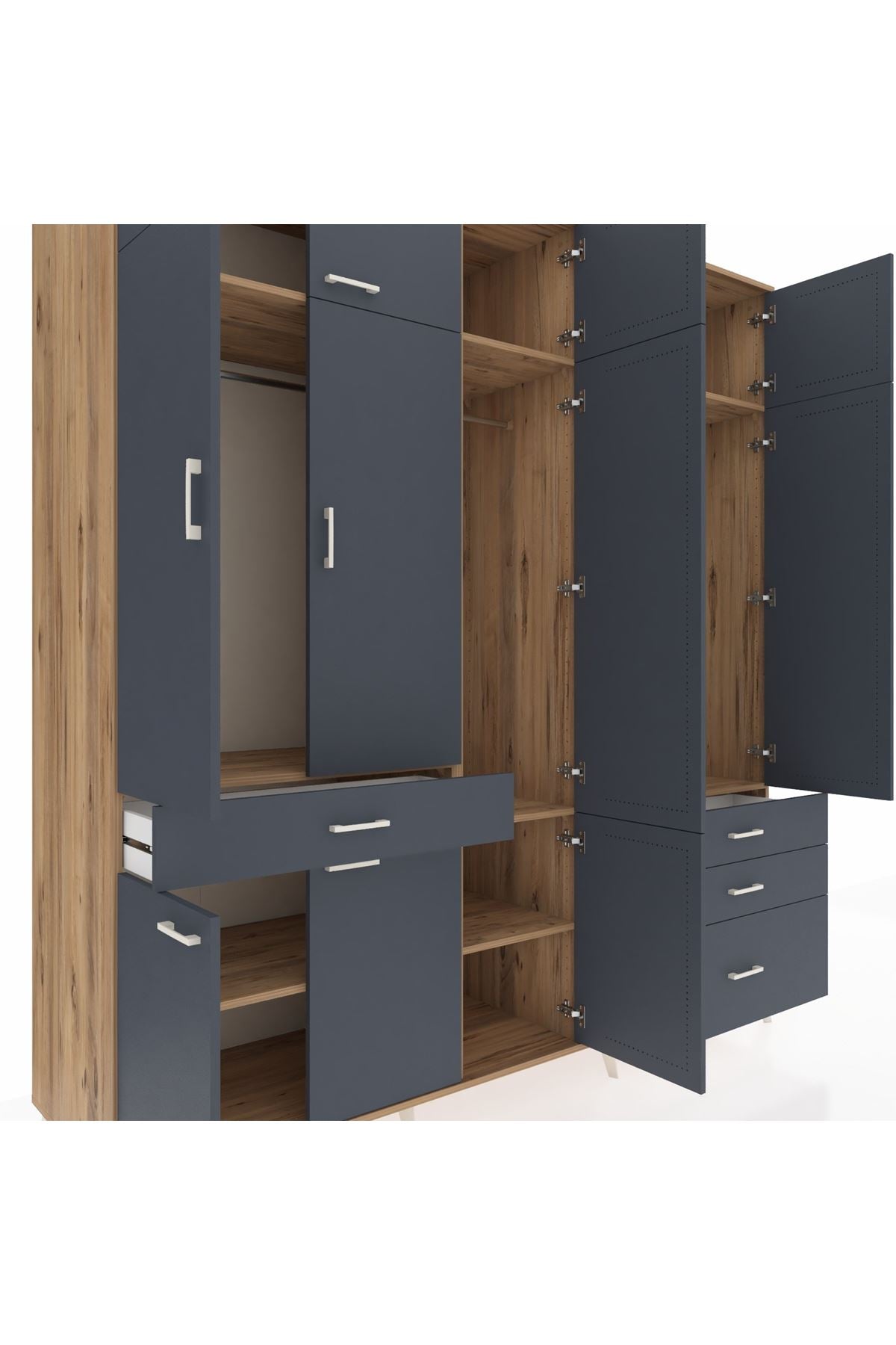 Kronos Dolap 8 Raflı 4 Çekmeceli 3 Askılı 220x59x243 Çam-Antrasit/Antrasit