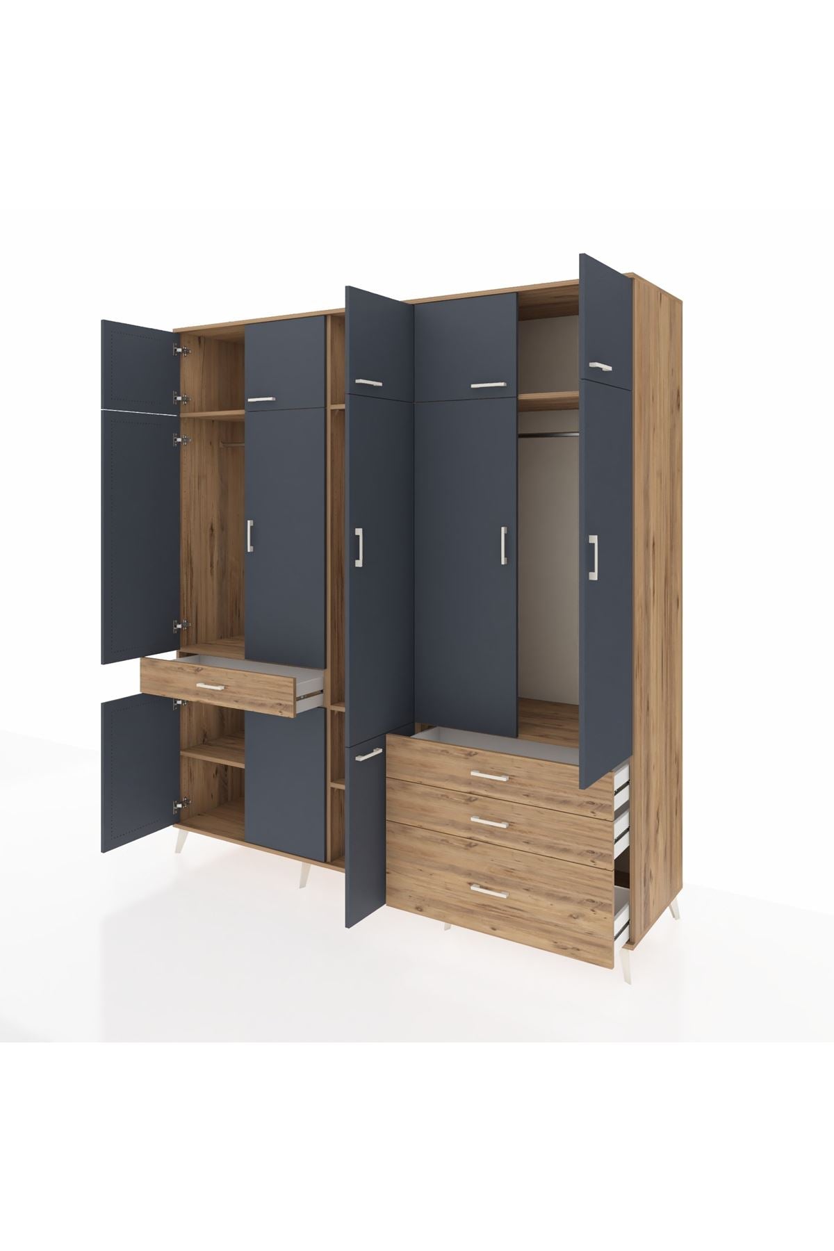 Kronos Dolap 8 Raflı 4 Çekmeceli 3 Askılı 220x59x243 Çam-Antrasit/Çam