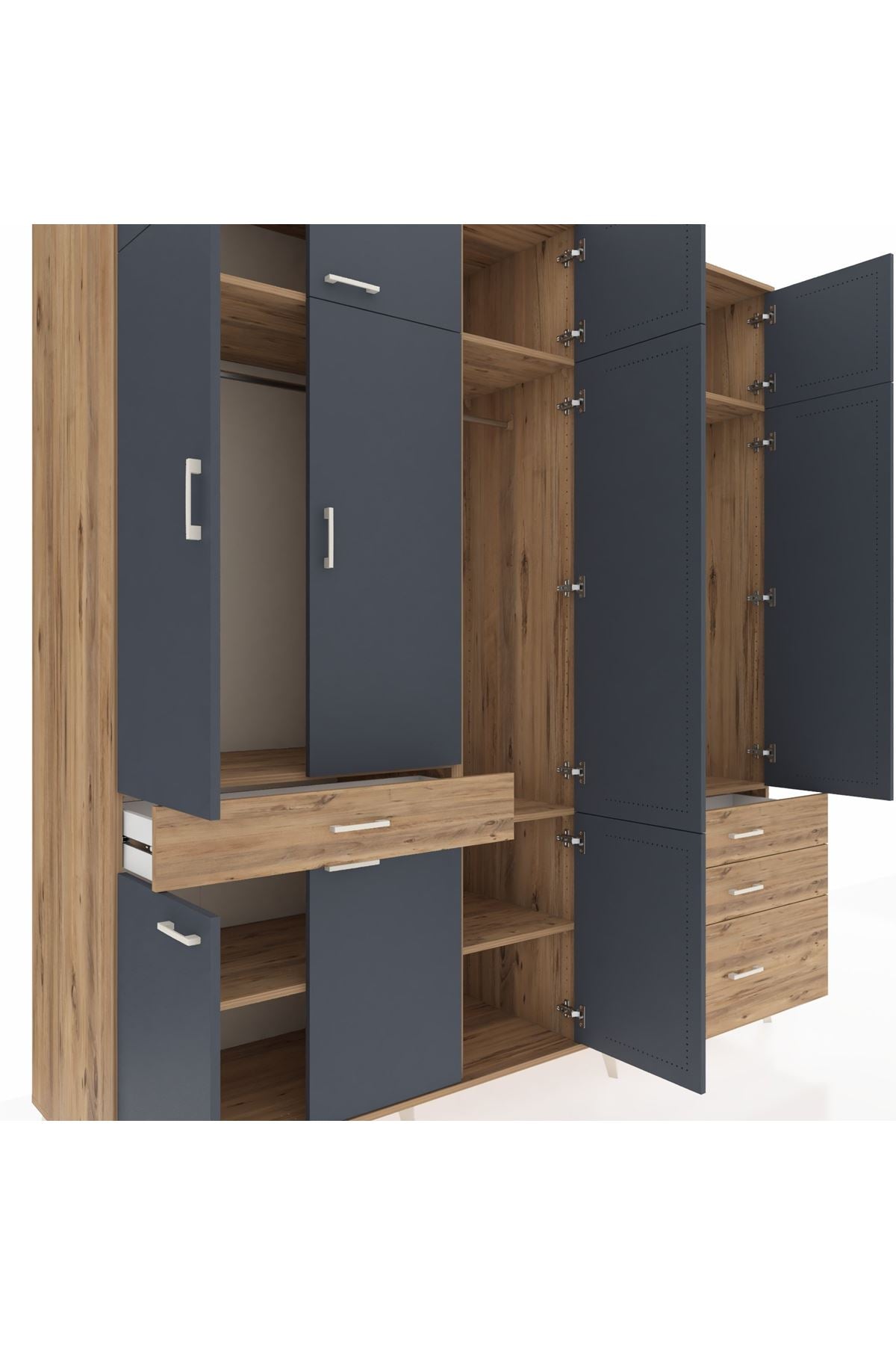 Kronos Dolap 8 Raflı 4 Çekmeceli 3 Askılı 220x59x243 Çam-Antrasit/Çam