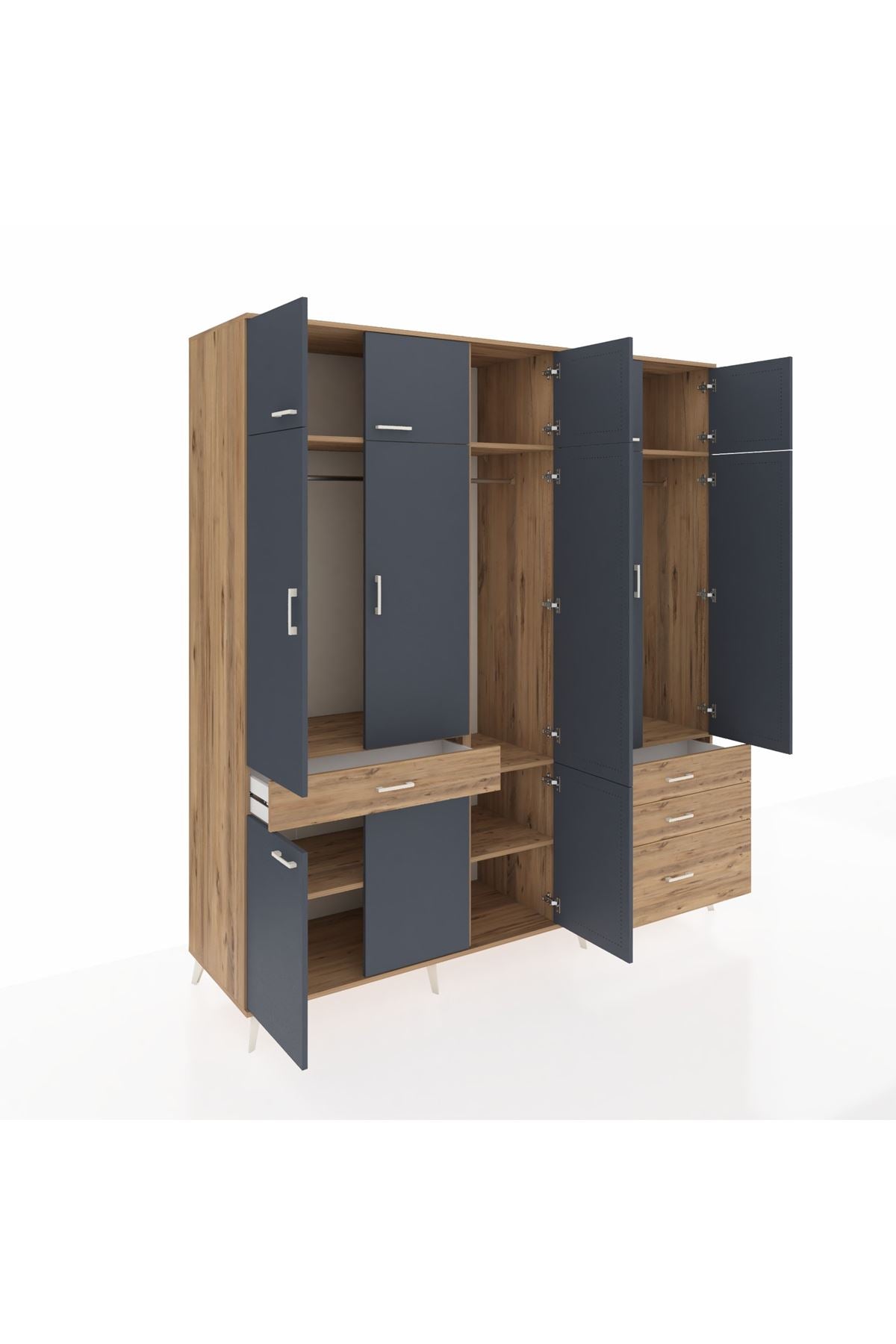 Kronos Dolap 8 Raflı 4 Çekmeceli 3 Askılı 220x59x243 Çam-Antrasit/Çam