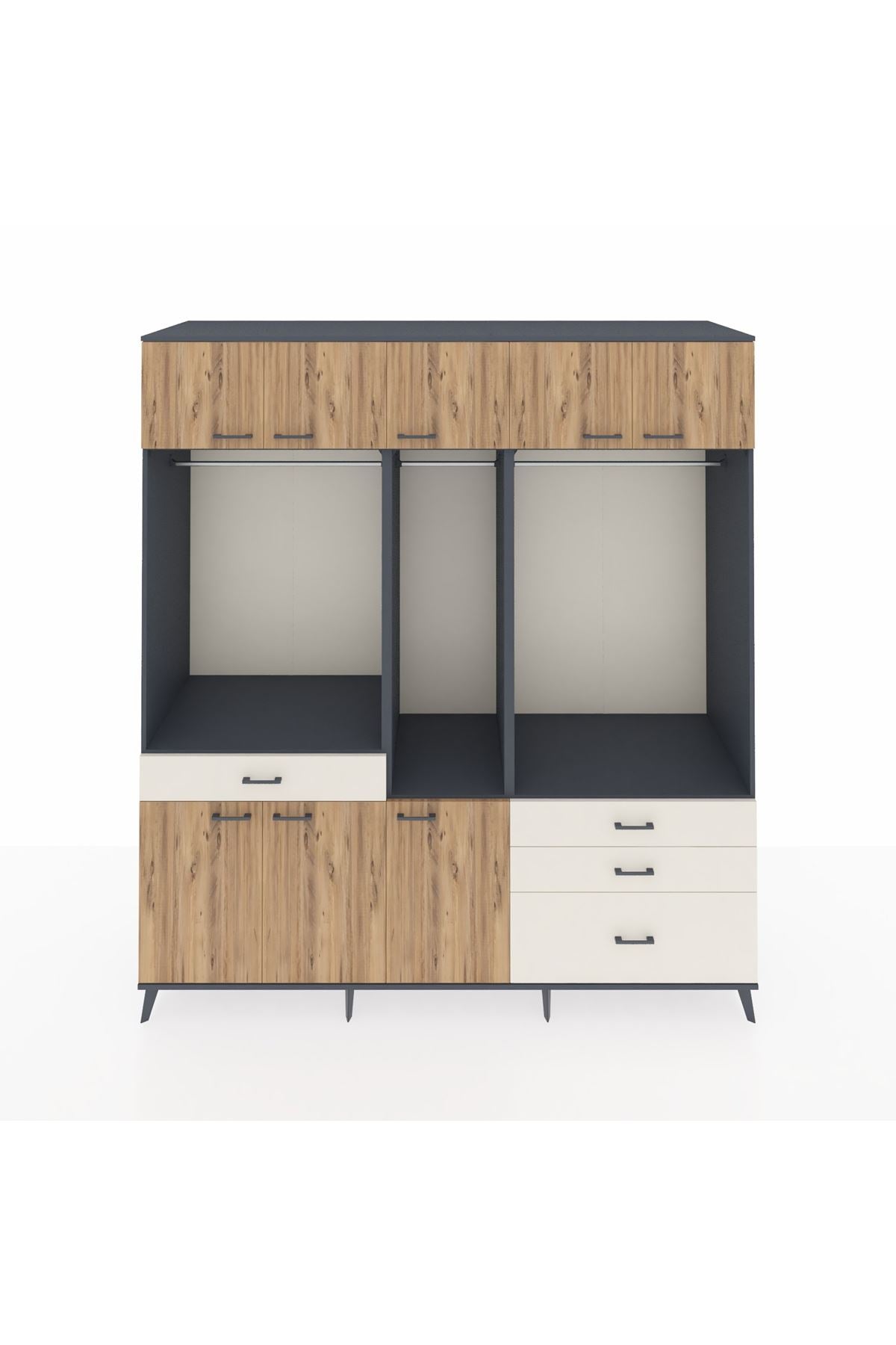 Kronos Dolap 8 Raflı 4 Çekmeceli 3 Askılı 220x59x243 Antrasit-Çam/Aytaşı