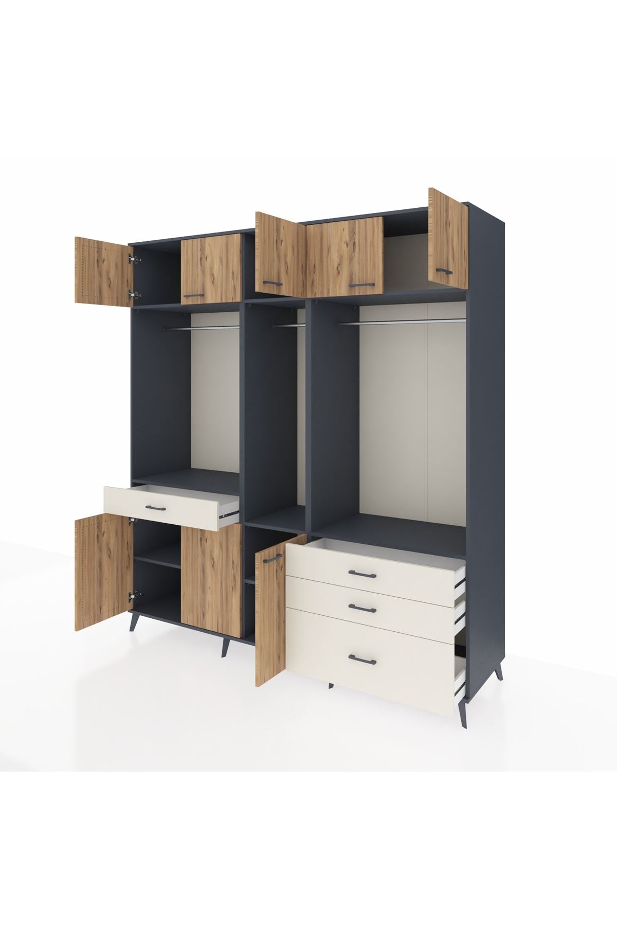 Kronos Dolap 8 Raflı 4 Çekmeceli 3 Askılı 220x59x243 Antrasit-Çam/Aytaşı