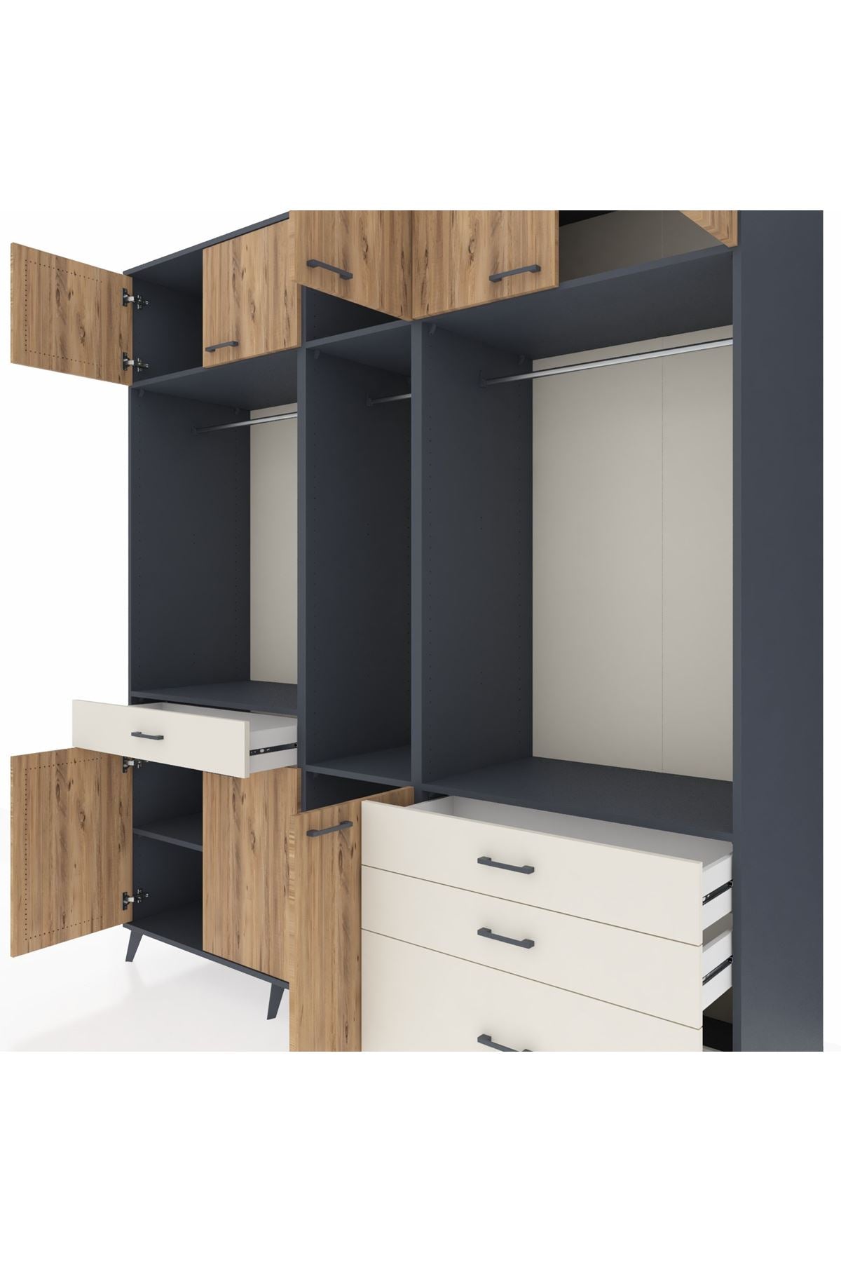 Kronos Dolap 8 Raflı 4 Çekmeceli 3 Askılı 220x59x243 Antrasit-Çam/Aytaşı