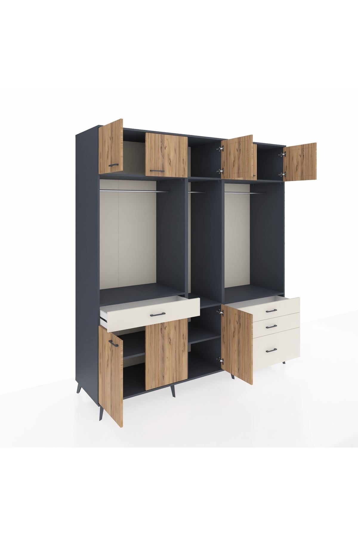 Kronos Dolap 8 Raflı 4 Çekmeceli 3 Askılı 220x59x243 Antrasit-Çam/Aytaşı