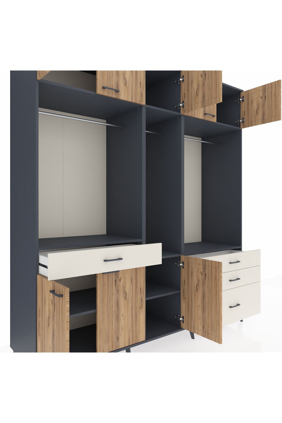 Kronos Dolap 8 Raflı 4 Çekmeceli 3 Askılı 220x59x243 Antrasit-Çam/Aytaşı
