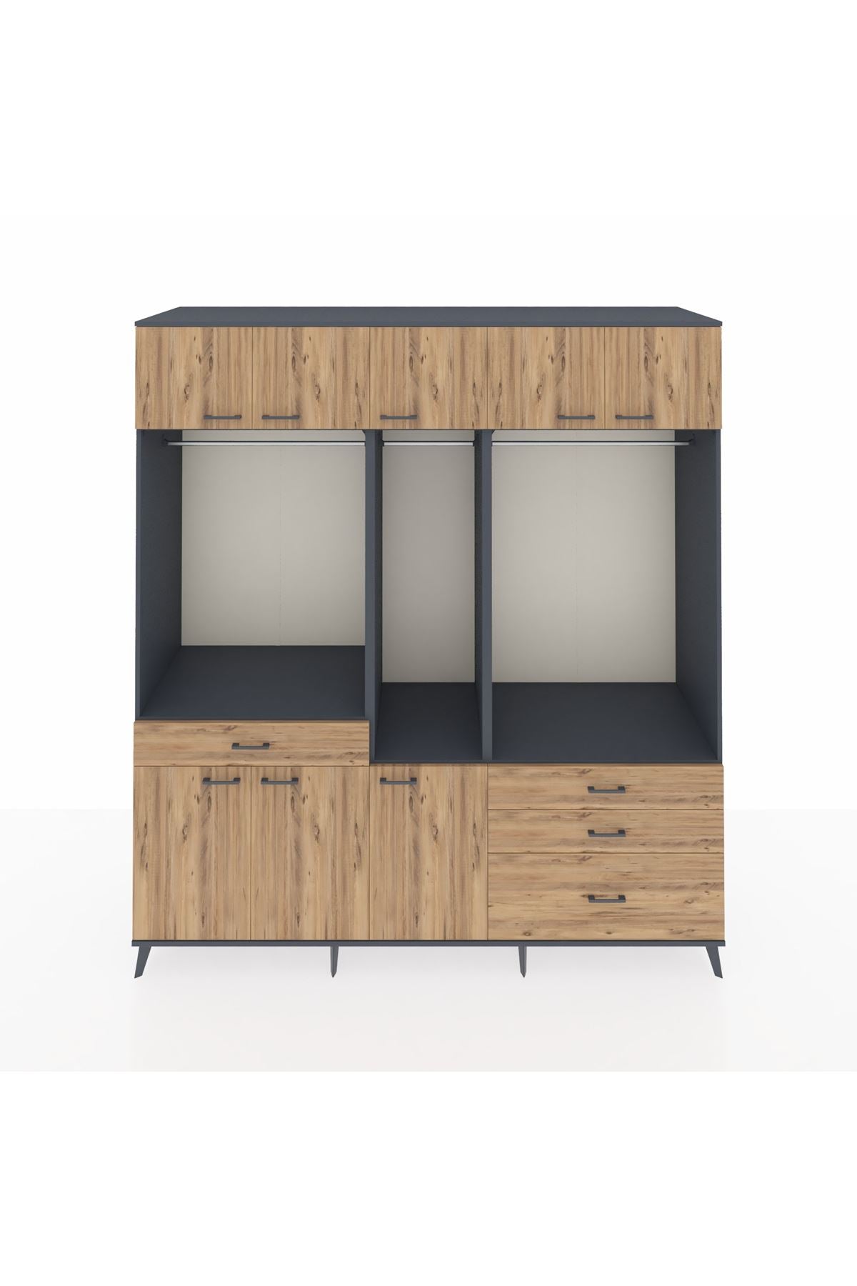 Kronos Dolap 8 Raflı 4 Çekmeceli 3 Askılı 220x59x243 Antrasit-Çam/Çam