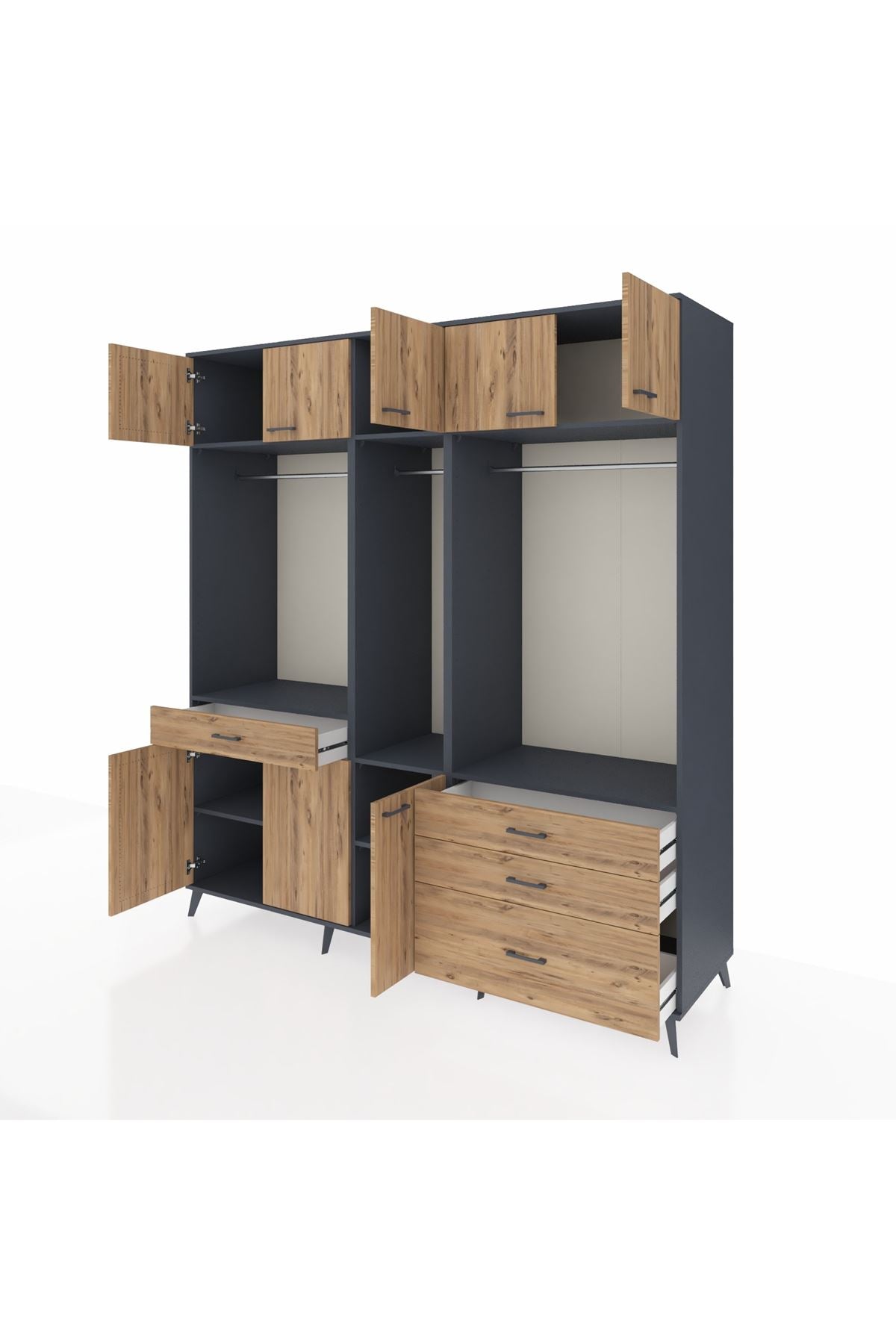 Kronos Dolap 8 Raflı 4 Çekmeceli 3 Askılı 220x59x243 Antrasit-Çam/Çam