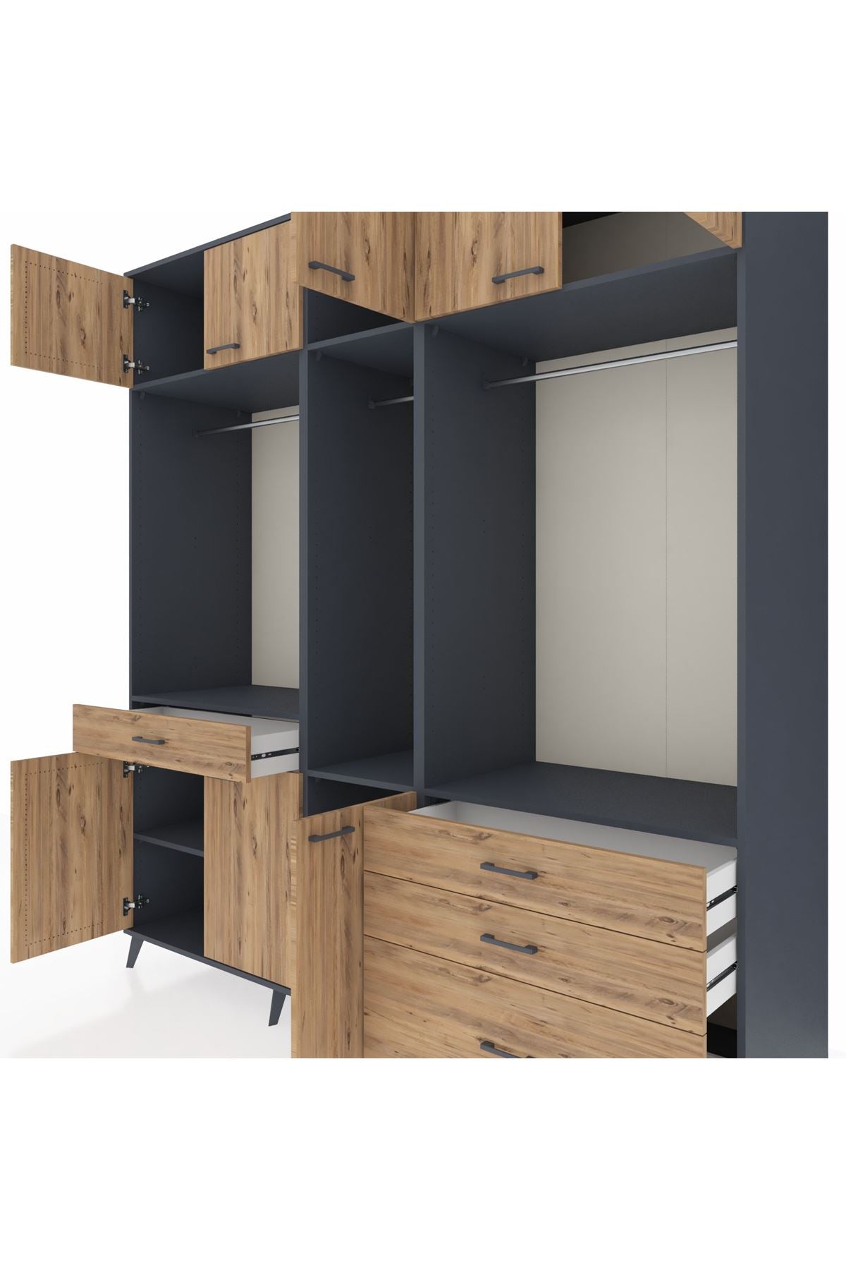 Kronos Dolap 8 Raflı 4 Çekmeceli 3 Askılı 220x59x243 Antrasit-Çam/Çam