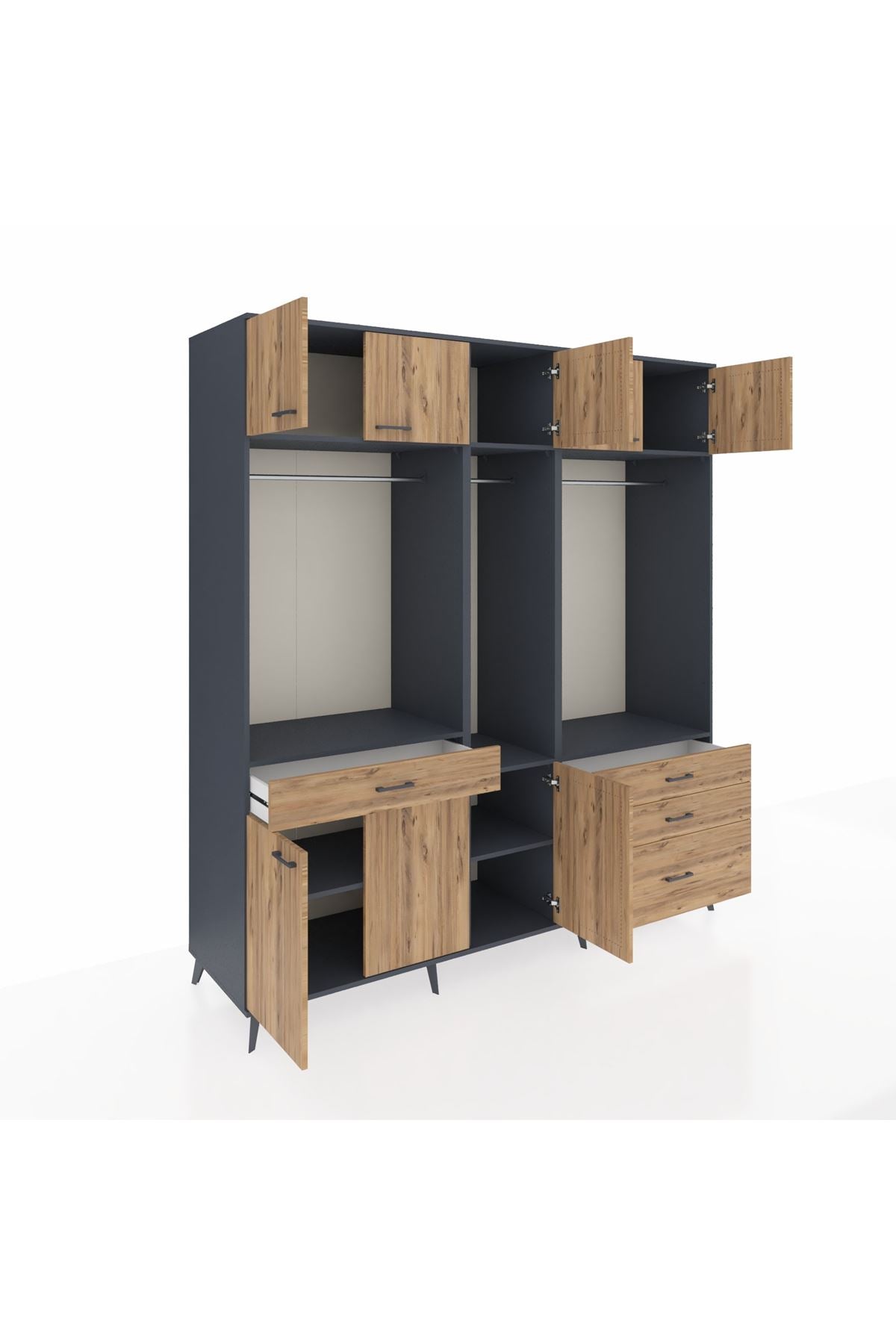 Kronos Dolap 8 Raflı 4 Çekmeceli 3 Askılı 220x59x243 Antrasit-Çam/Çam