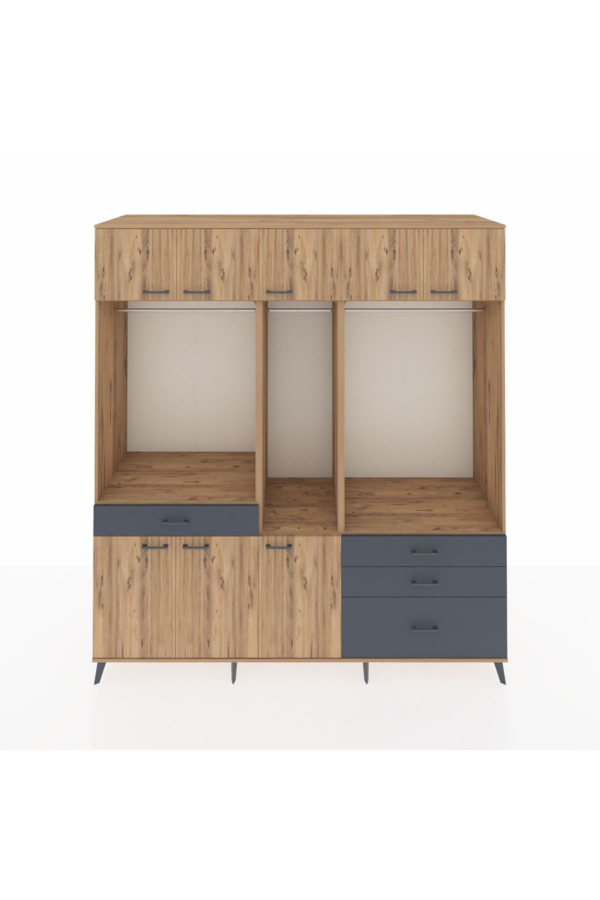 Kronos Dolap 8 Raflı 4 Çekmeceli 3 Askılı 220x59x243 Çam-Çam/Antrasit