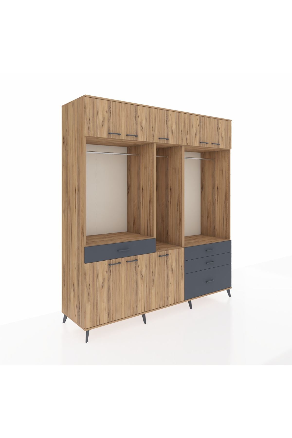 Kronos Dolap 8 Raflı 4 Çekmeceli 3 Askılı 220x59x243 Çam-Çam/Antrasit
