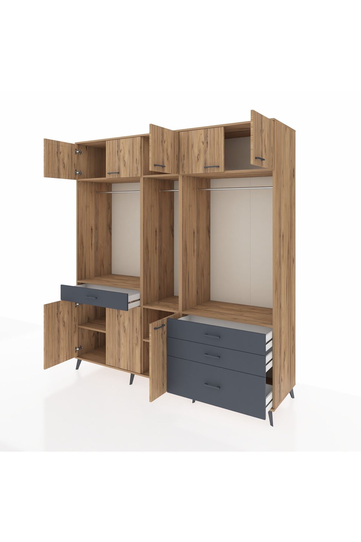 Kronos Dolap 8 Raflı 4 Çekmeceli 3 Askılı 220x59x243 Çam-Çam/Antrasit