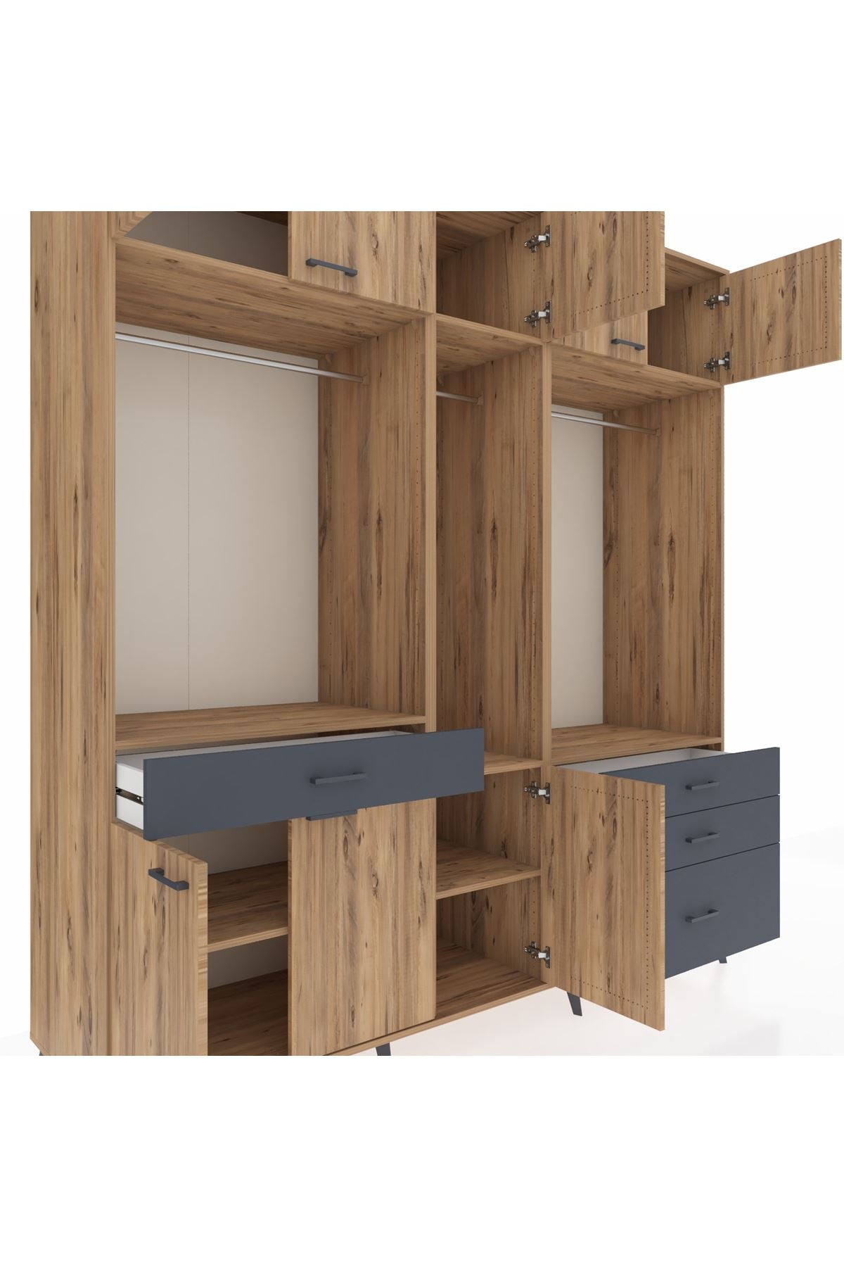 Kronos Dolap 8 Raflı 4 Çekmeceli 3 Askılı 220x59x243 Çam-Çam/Antrasit