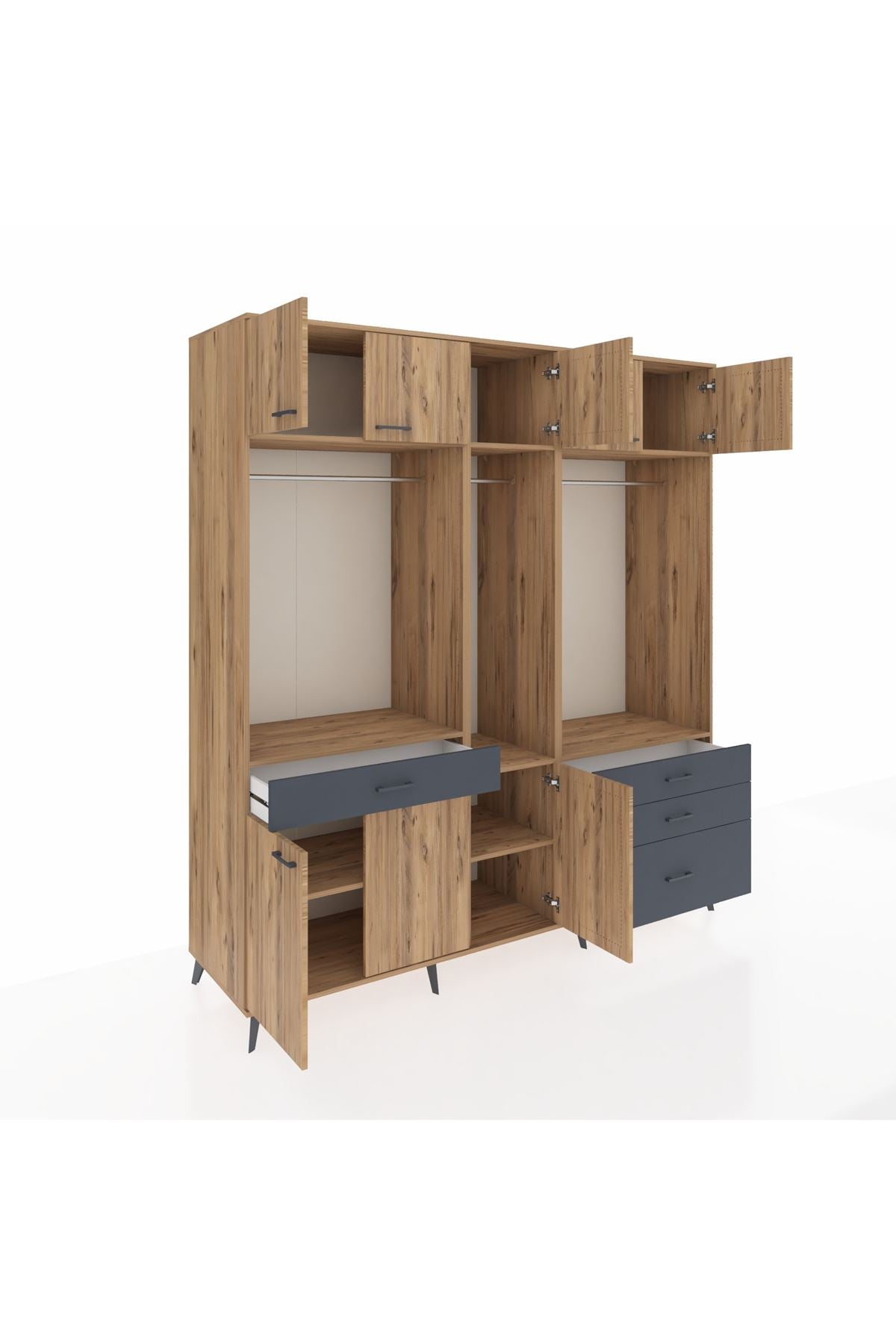 Kronos Dolap 8 Raflı 4 Çekmeceli 3 Askılı 220x59x243 Çam-Çam/Antrasit