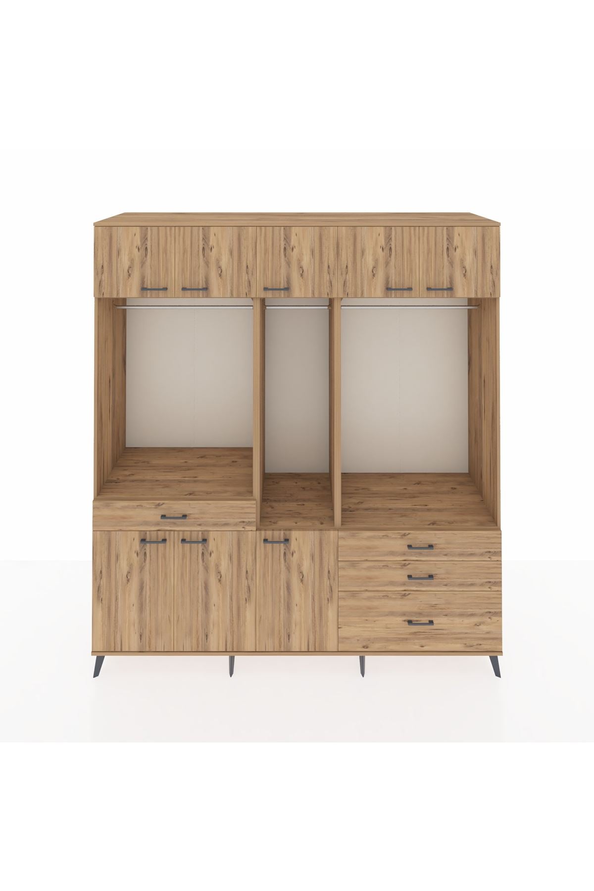 Kronos Dolap 8 Raflı 4 Çekmeceli 3 Askılı 220x59x243 Çam-Çam/Çam