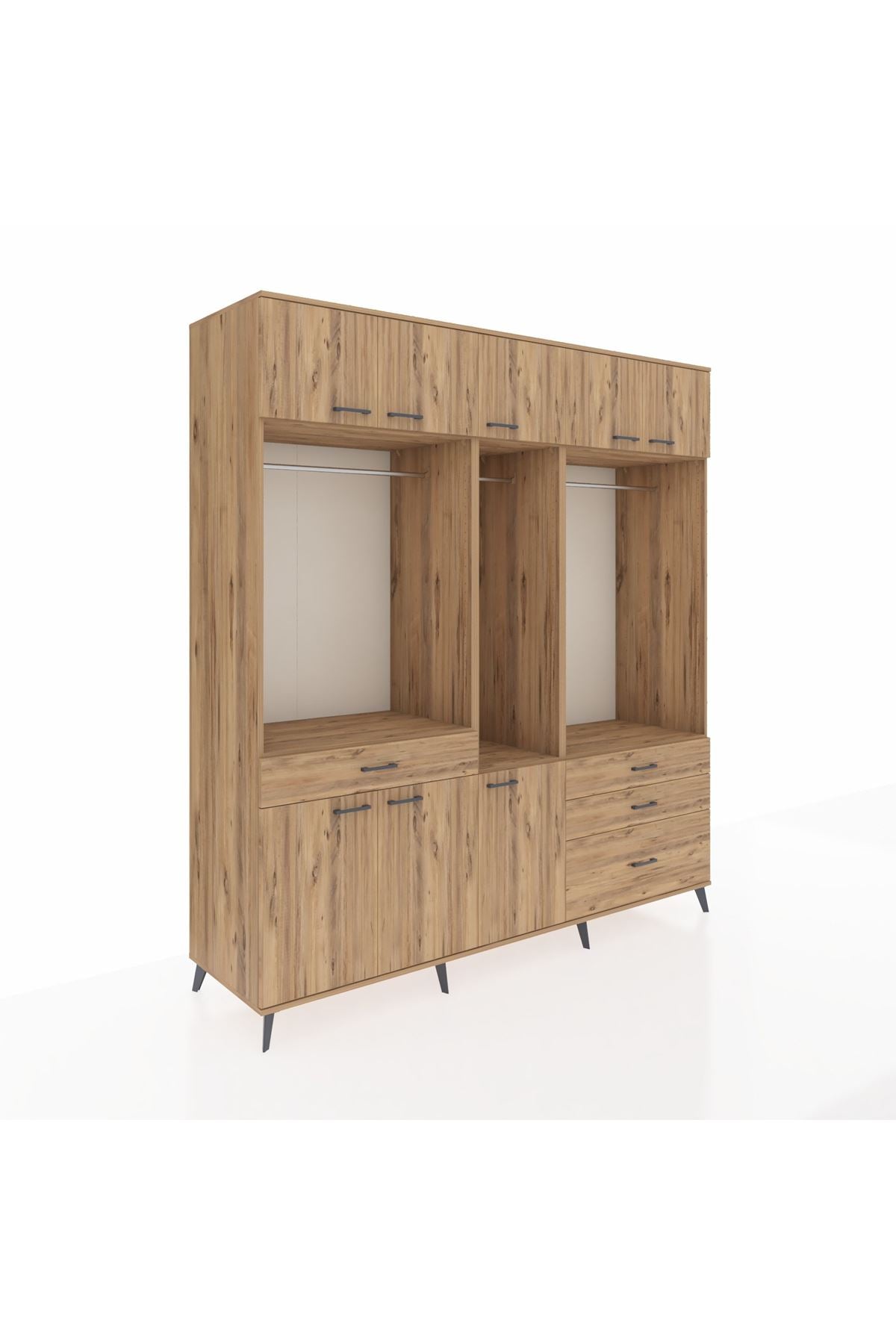 Kronos Dolap 8 Raflı 4 Çekmeceli 3 Askılı 220x59x243 Çam-Çam/Çam