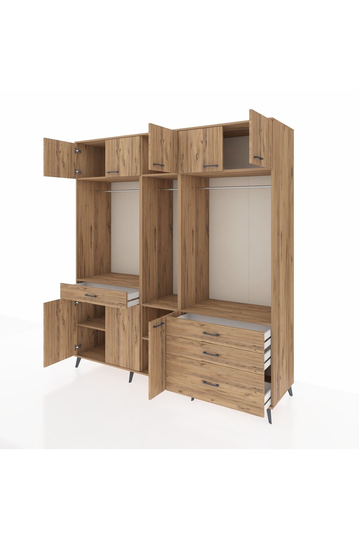 Kronos Dolap 8 Raflı 4 Çekmeceli 3 Askılı 220x59x243 Çam-Çam/Çam