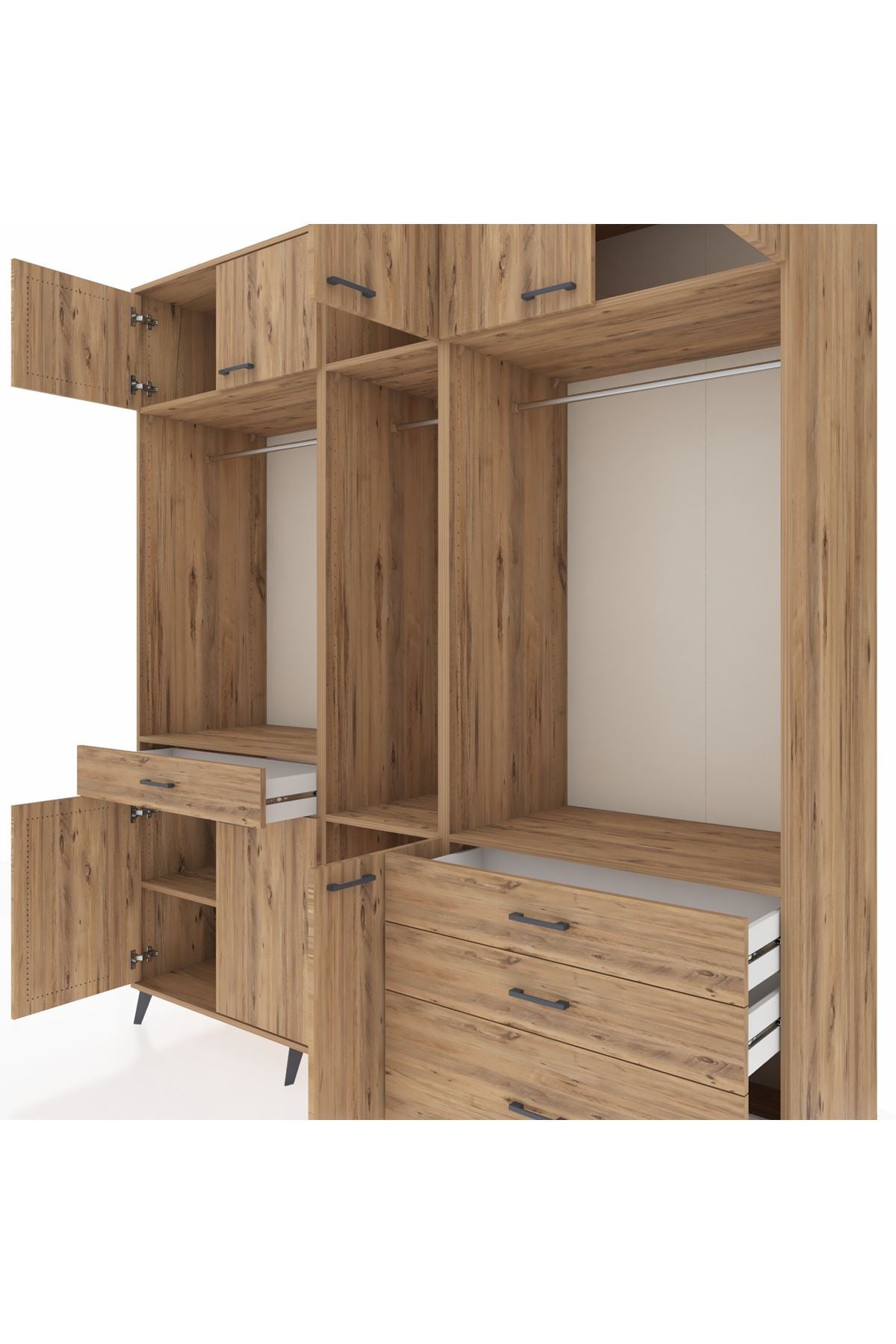 Kronos Dolap 8 Raflı 4 Çekmeceli 3 Askılı 220x59x243 Çam-Çam/Çam