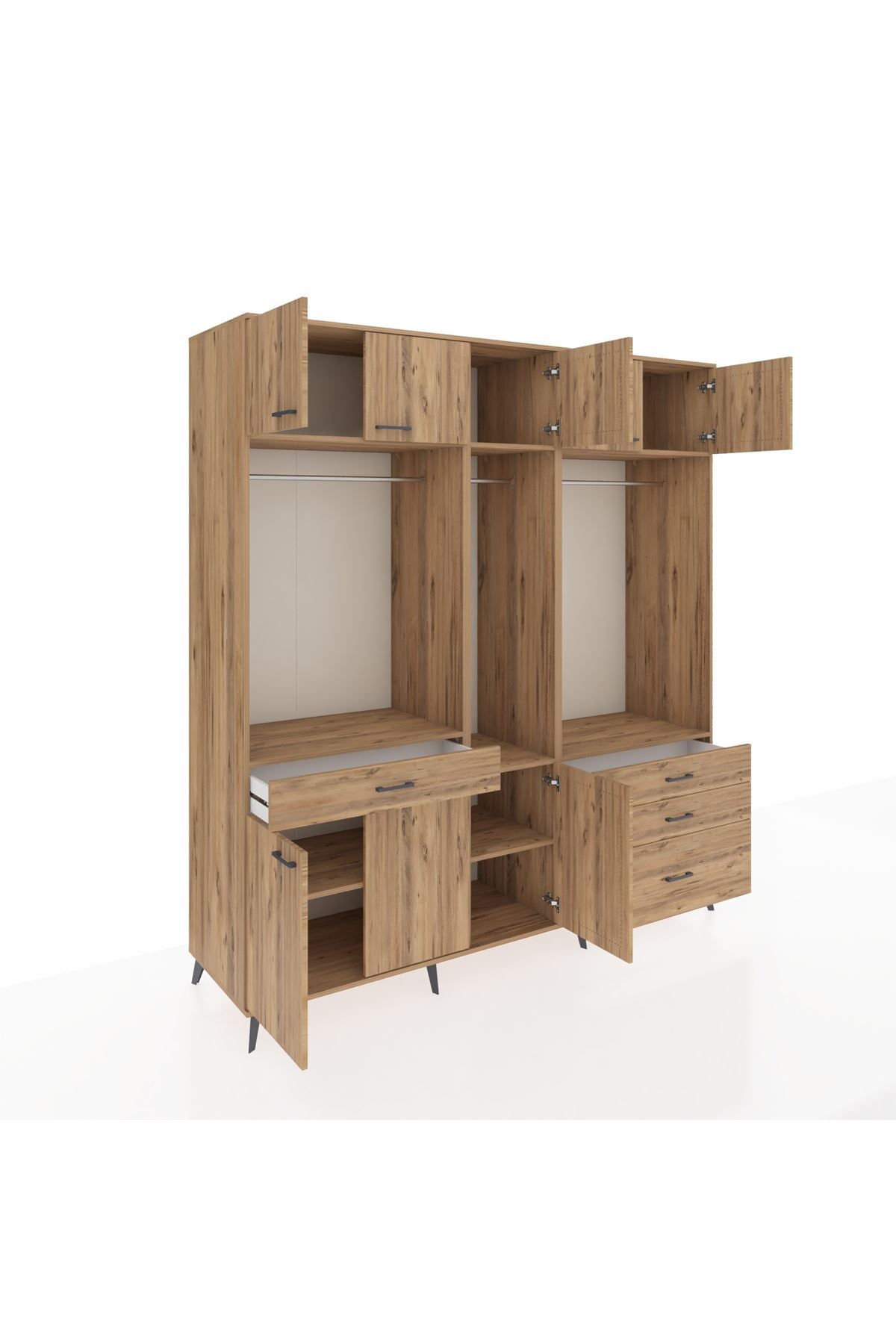 Kronos Dolap 8 Raflı 4 Çekmeceli 3 Askılı 220x59x243 Çam-Çam/Çam