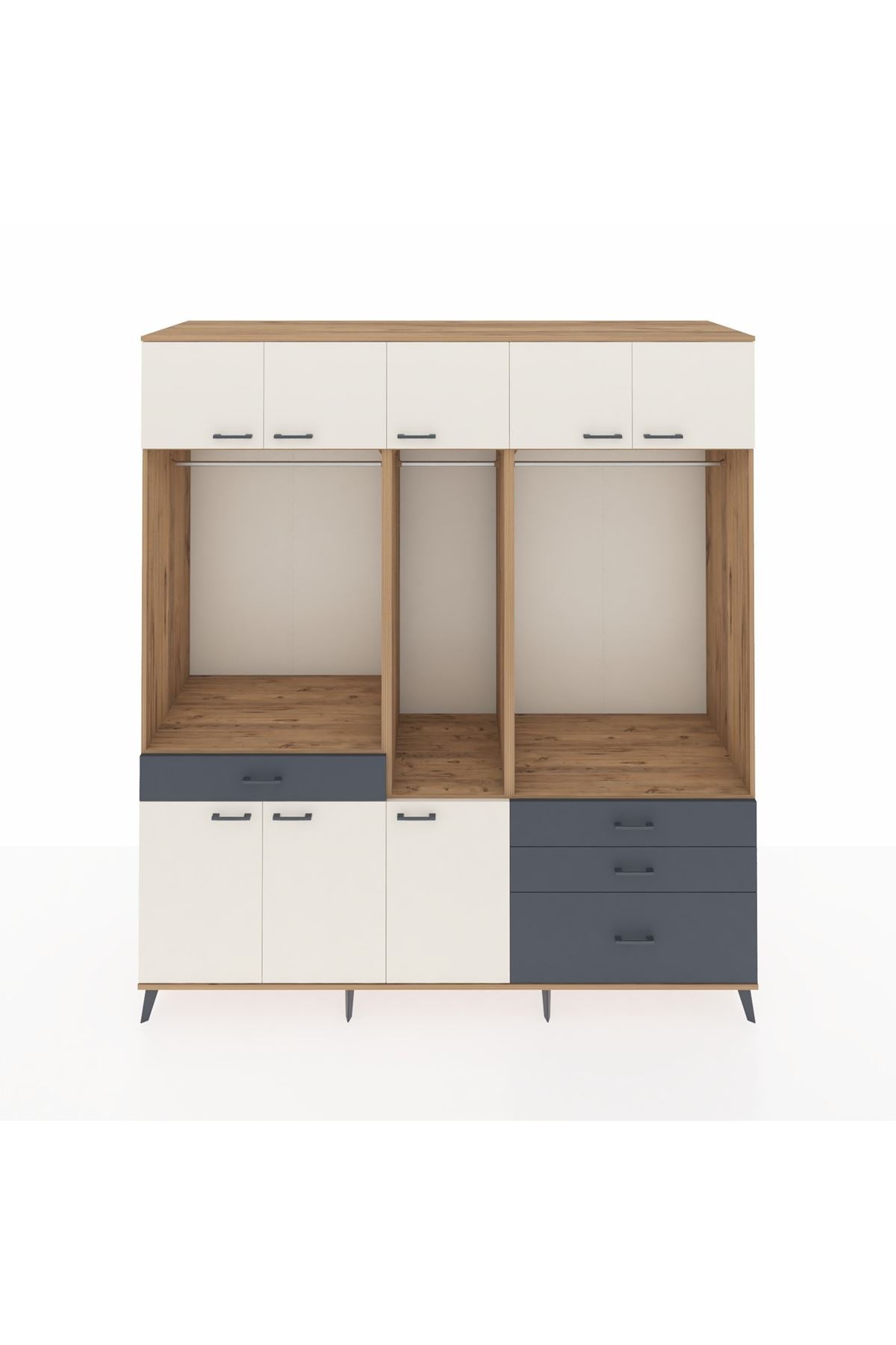 Kronos Dolap 8 Raflı 4 Çekmeceli 3 Askılı 220x59x243 Çam-Aytaşı/Antrasit