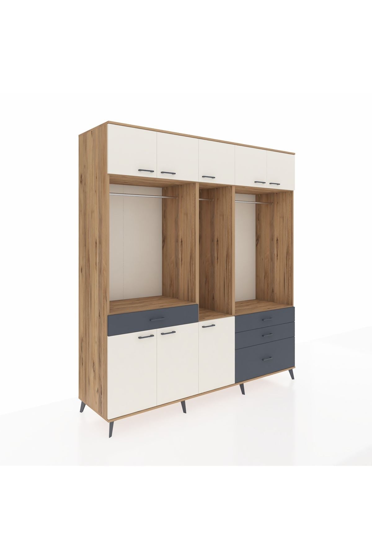 Kronos Dolap 8 Raflı 4 Çekmeceli 3 Askılı 220x59x243 Çam-Aytaşı/Antrasit