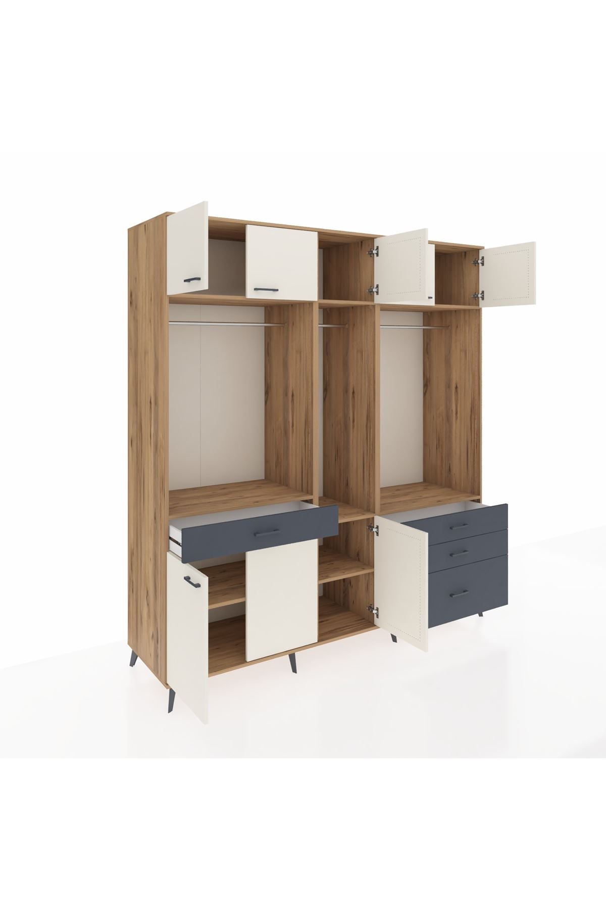 Kronos Dolap 8 Raflı 4 Çekmeceli 3 Askılı 220x59x243 Çam-Aytaşı/Antrasit