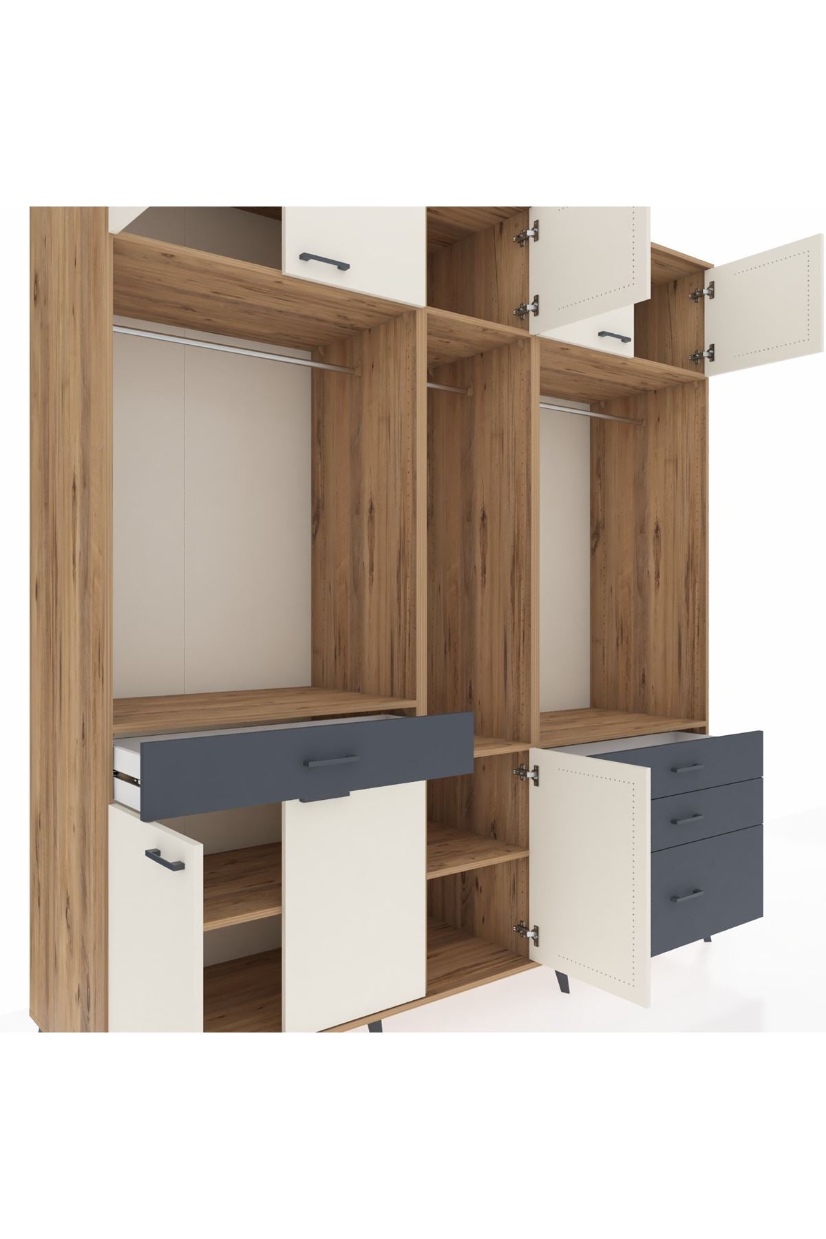Kronos Dolap 8 Raflı 4 Çekmeceli 3 Askılı 220x59x243 Çam-Aytaşı/Antrasit