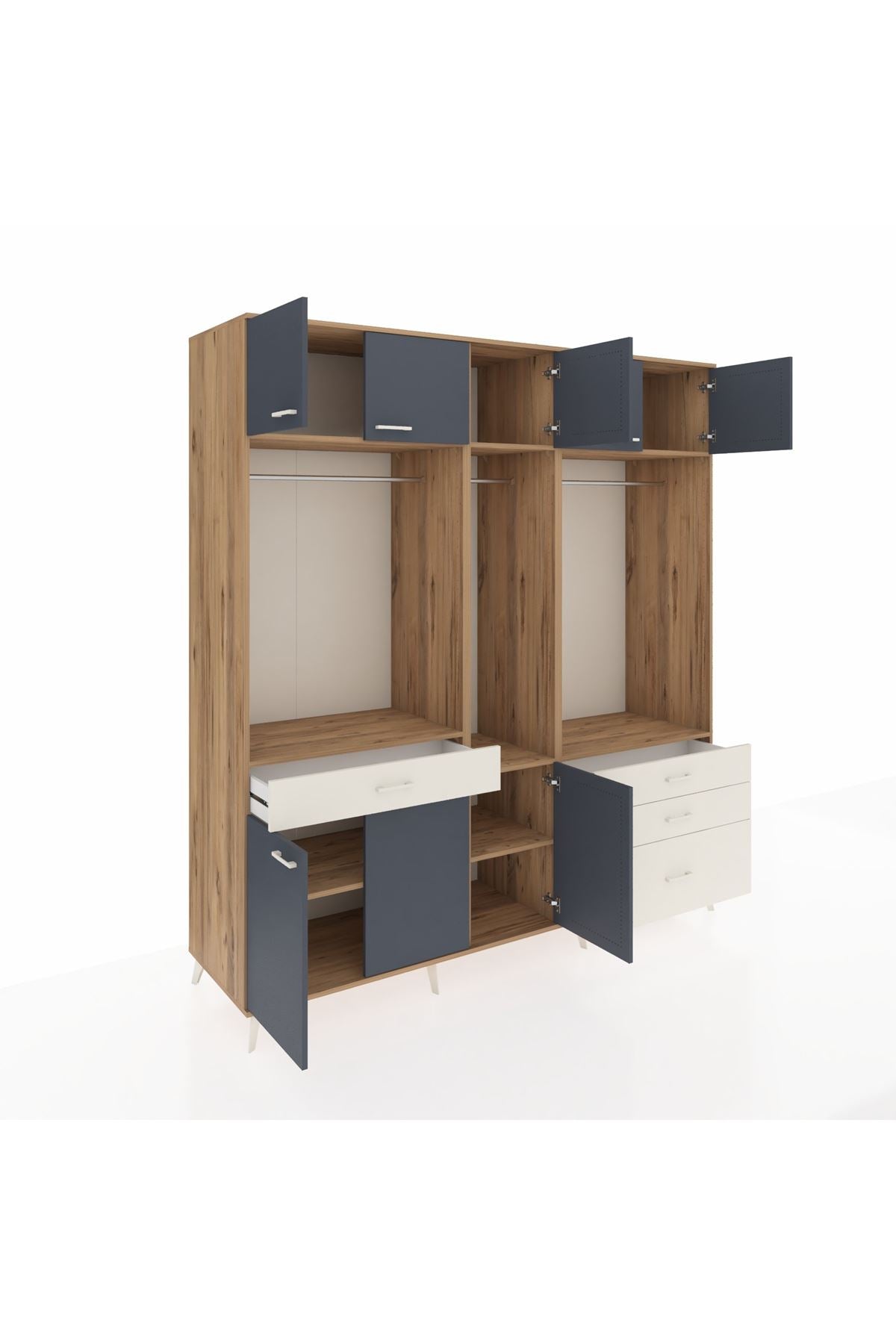 Kronos Dolap 8 Raflı 4 Çekmeceli 3 Askılı 220x59x243 Çam-Antrasit/Aytaşı