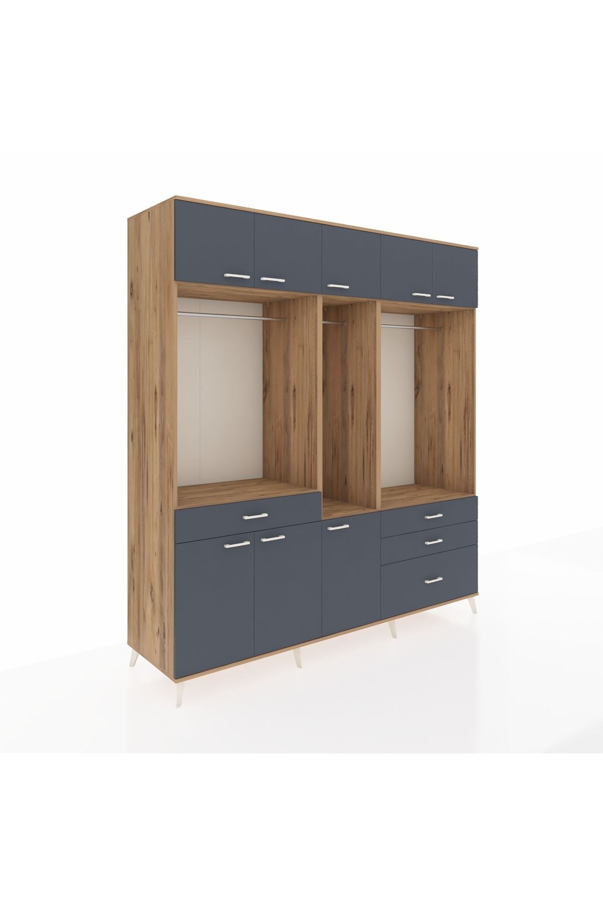 Kronos Dolap 8 Raflı 4 Çekmeceli 3 Askılı 220x59x243 Çam-Antrasit/Antrasit