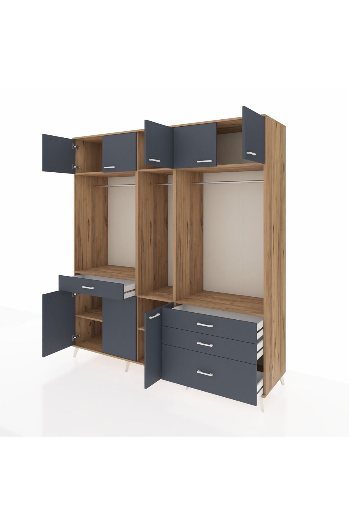 Kronos Dolap 8 Raflı 4 Çekmeceli 3 Askılı 220x59x243 Çam-Antrasit/Antrasit