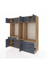 Kronos Dolap 8 Raflı 4 Çekmeceli 3 Askılı 220x59x243 Çam-Antrasit/Antrasit