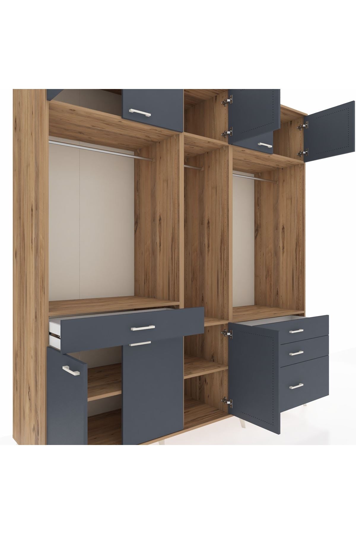 Kronos Dolap 8 Raflı 4 Çekmeceli 3 Askılı 220x59x243 Çam-Antrasit/Antrasit