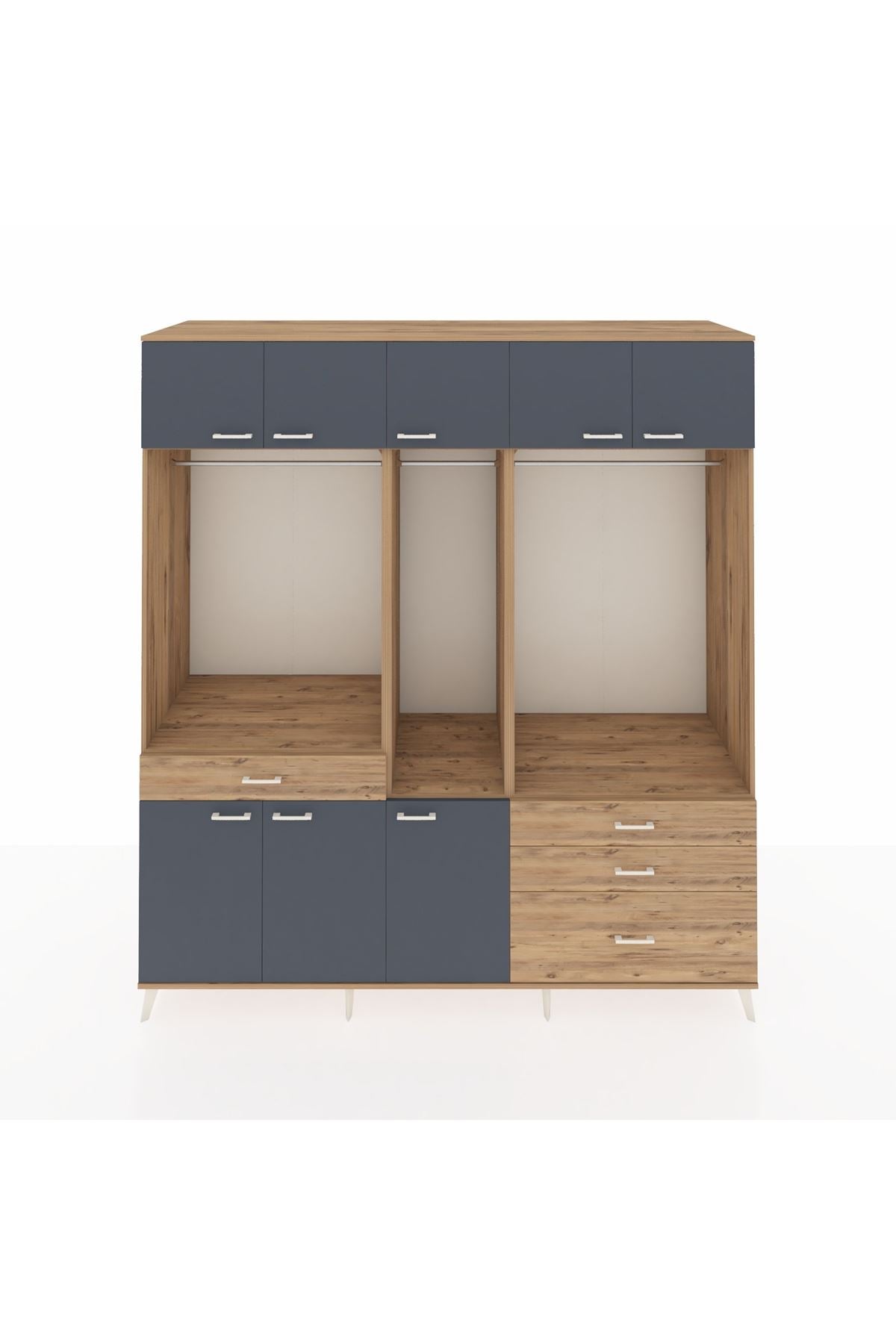 Kronos Dolap 8 Raflı 4 Çekmeceli 3 Askılı 220x59x243 Çam-Antrasit/Çam